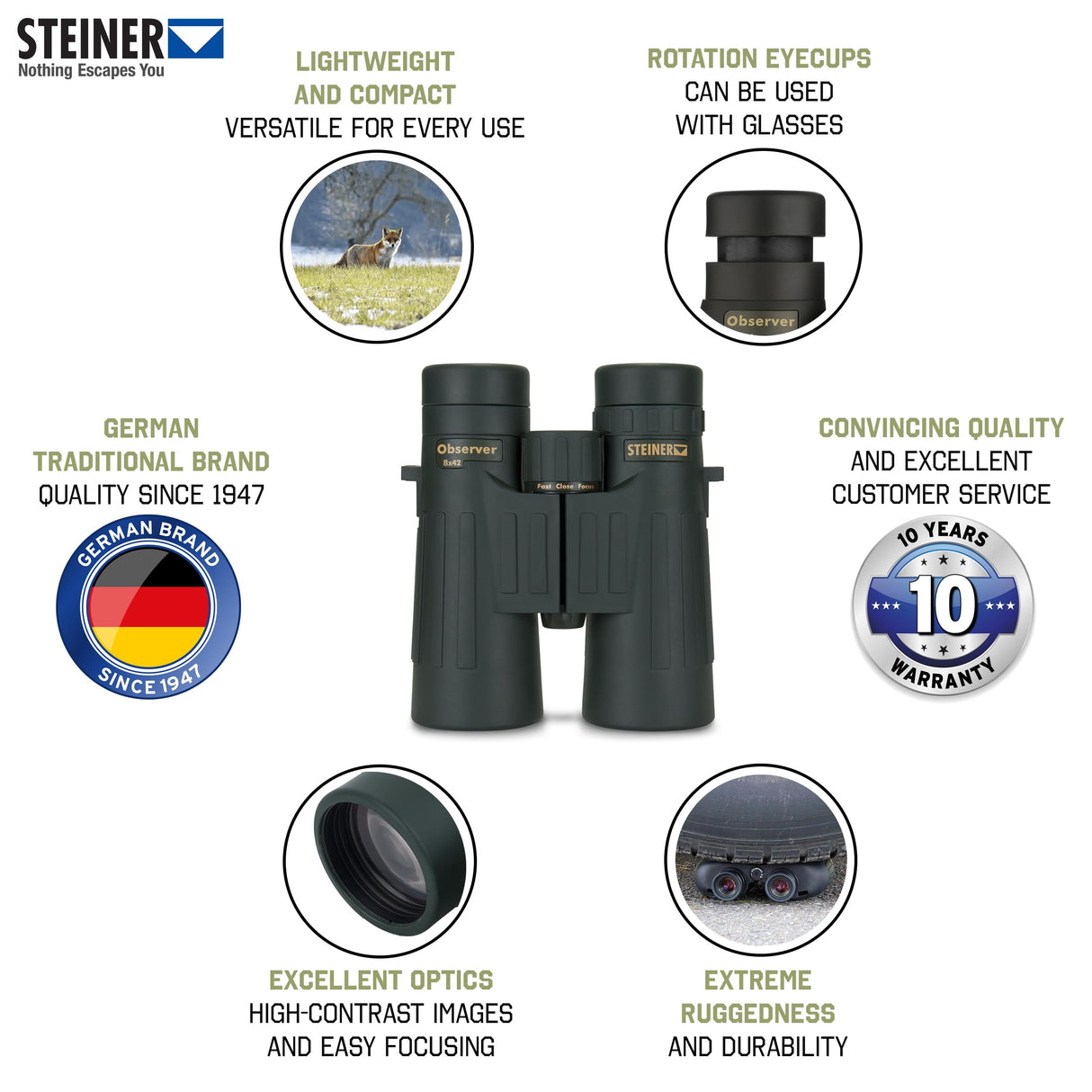 STEINER Prismáticos de Caza Observer 8x42 - Óptica de Calidad Alemana, imágenes versátiles, Brillantes y de Alto Contraste, diseño Ligero del Borde del Techo