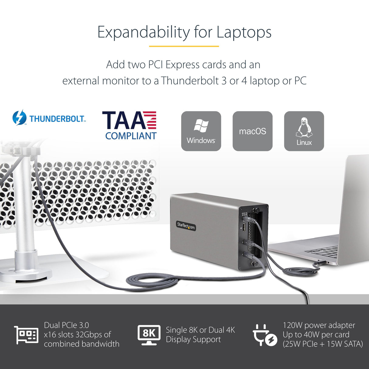 StarTech.com Caja de Expasión Thunderbolt 3 a PCI Express - Carcasa con 2 Ranuras PCIe para Portátiles - 8/4K por TB3/DP 1.4 - Adaptador TB3 a PCIe - No Compatible con GPUs (2TBT3-PCIE-ENCLOSURE)