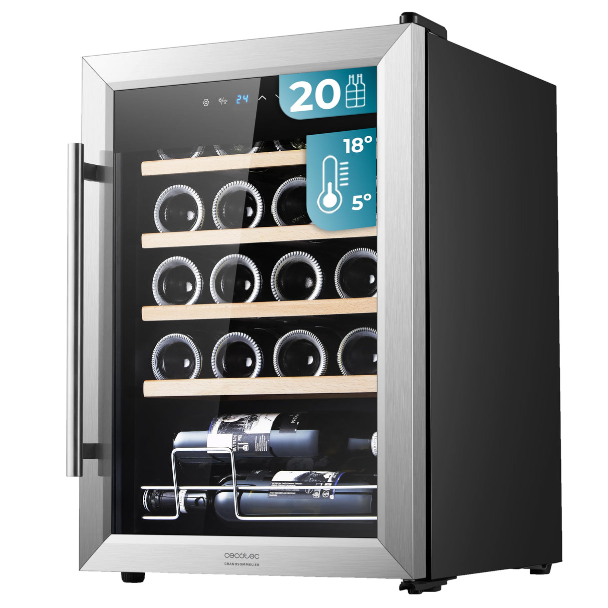 Cecotec Vinoteca - Nevera para Vinos - 24 Botellas Bolero GrandSommelier 2050 Inox Compressor. Temperatura ajustable de 5-18ºC, Alto rendimiento, Funcionamiento silencioso y sin Vibraciones