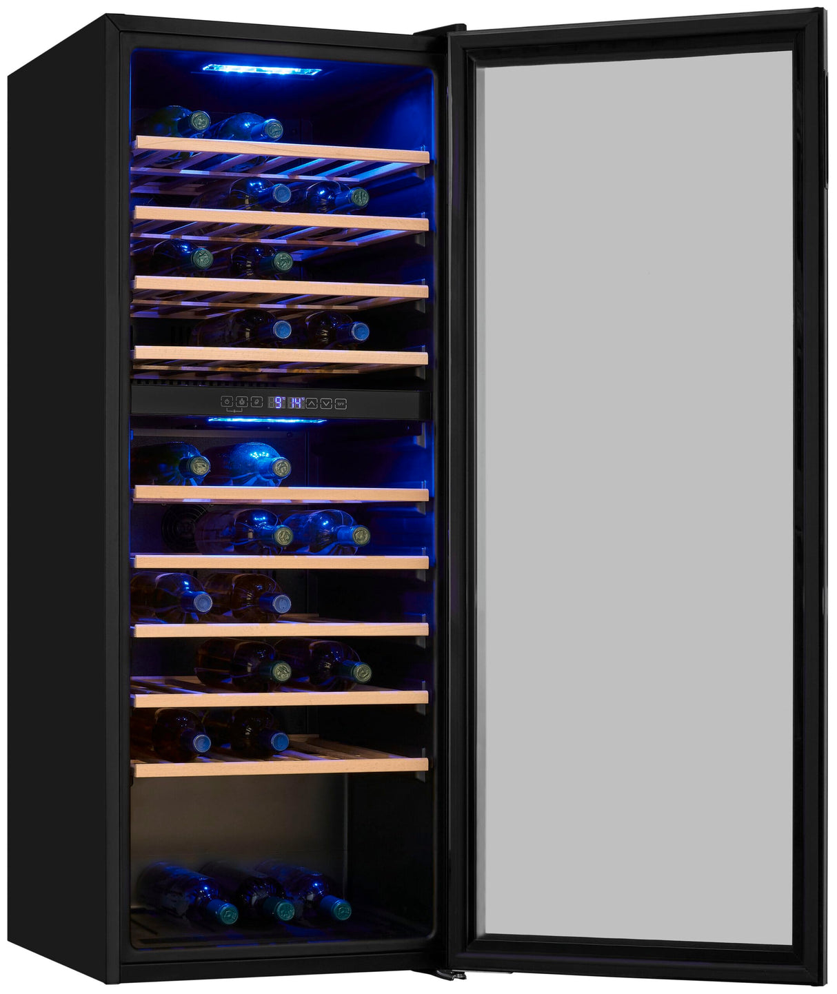 Exquisit® Vinoteca para 78 Botellas, 194L, Negro, Clase G, Doble Zona de Temperatura 5-20°C, Control Digital, Puerta de Cristal Reversible, Iluminación LED, 9 Estantes, Medidas (128,5 x 49 x 57,5 cm)
