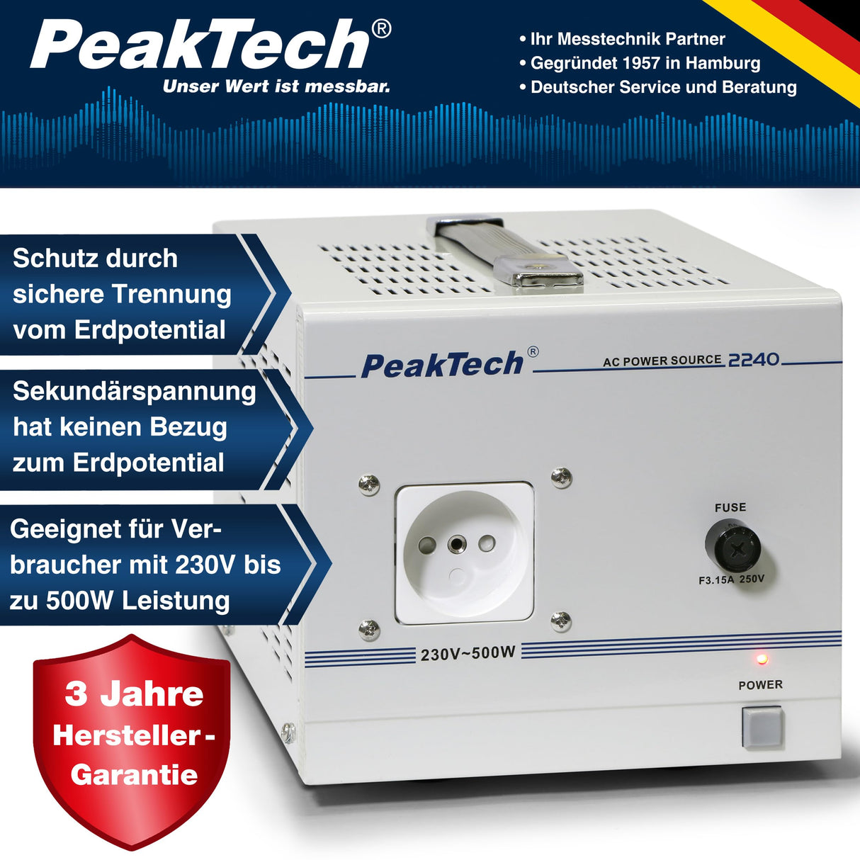 PeakTech 2240 - Transformador de Aislamiento, Dispositivo de Medición, Toroidal, Galvánico, Clase de Protección 1, Uso Móvil, Voltaje de Entrada 230 V, Potencia de Salida 500 W - 160 x 125 x 235 mm
