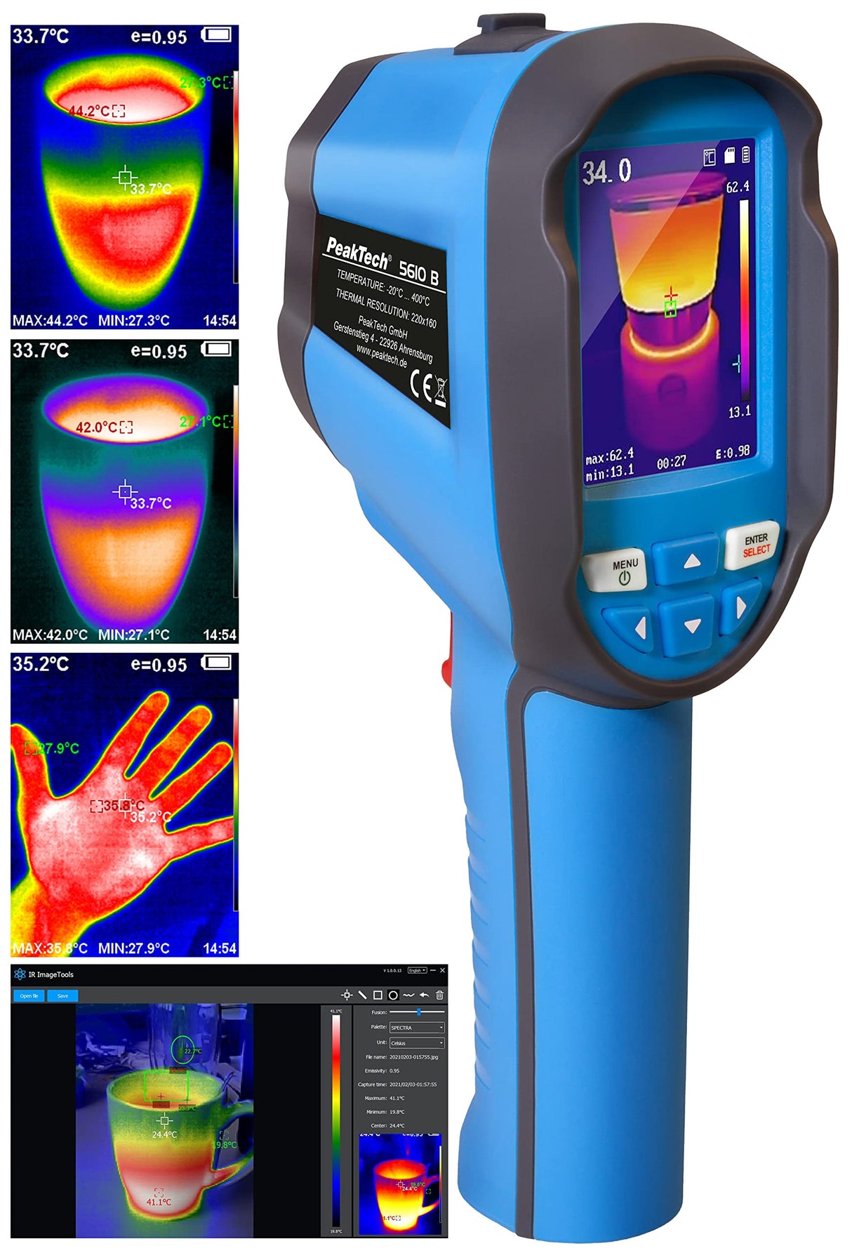 PeakTech, 5610 B, Cámara termográfica IR -20°C a 400°C con 220x160 píxeles, pantalla a color LCD de 2,8", termómetro infrarrojo incl. grabación de vídeo y fotos, con USB y software de análisis