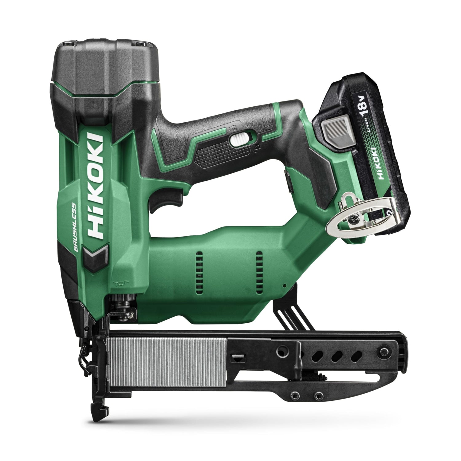 HiKOKI Grapadora de batería – 18 V, 13-40 mm, ion de litio, luz LED, ajuste de profundidad sin herramientas, accionamiento por resorte neumático, motor sin escobillas, disparo conmutable, incluye 2