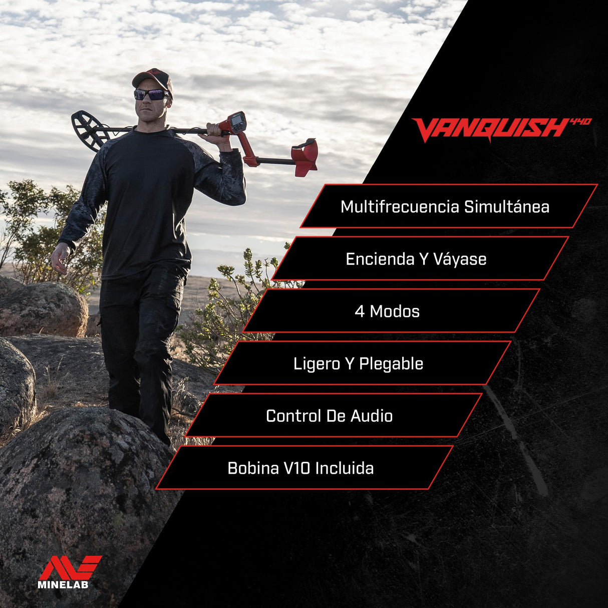 Detector de Metales Minelab Vanquish 440 Multi-Frequency Pinpointing para Adultos con Bobina V10 10 Pulgadas x 7 Pulgadas Doble-D Impermeable