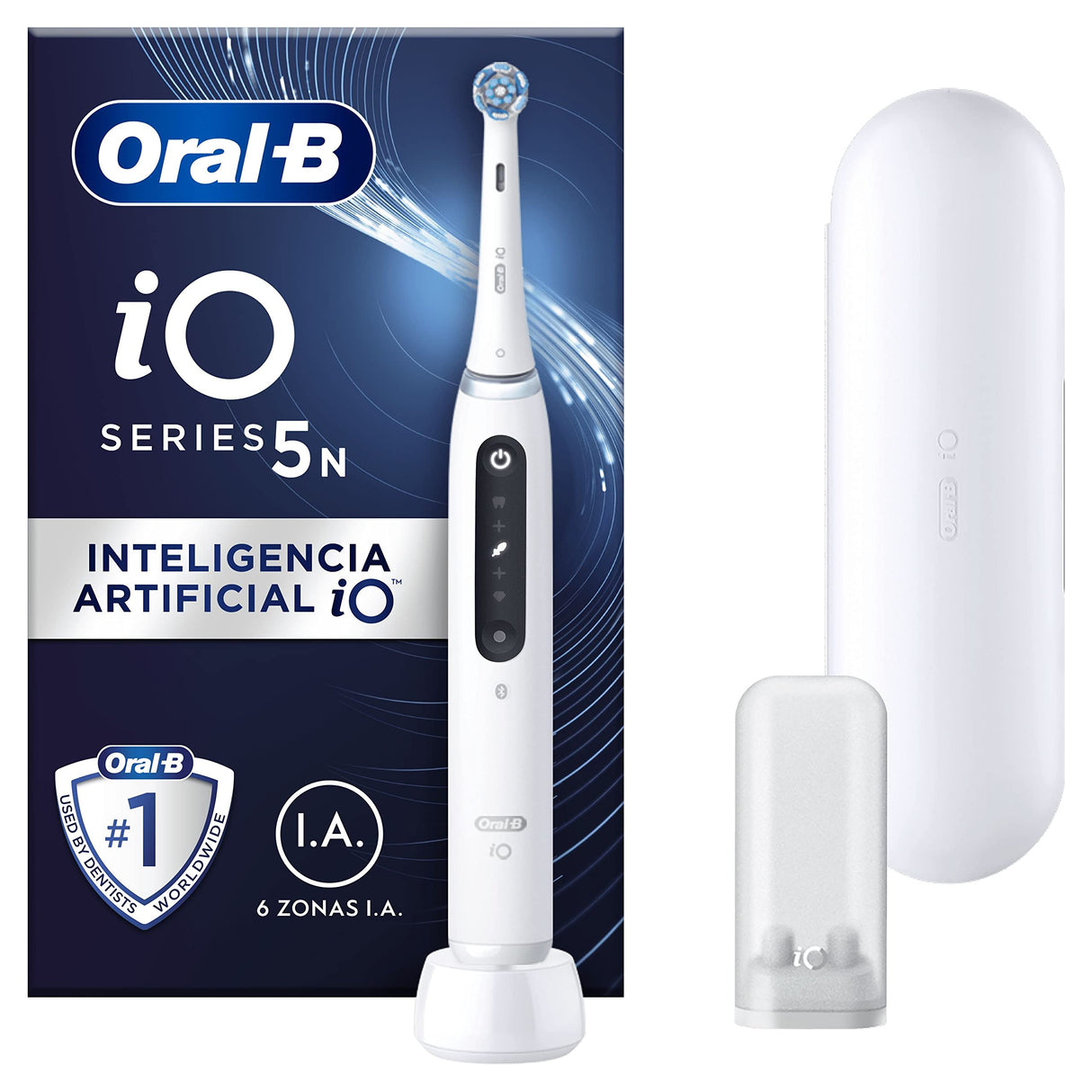 Oral-B iO 5N Cepillo de Dientes Eléctrico Blanco Con Mango Recargable, 1 Cabezal y Estuche De Viaje, 5 Modos De Cepillado Con Blanqueamiento Dental, Sensor De Presión, Diseñado por Braun