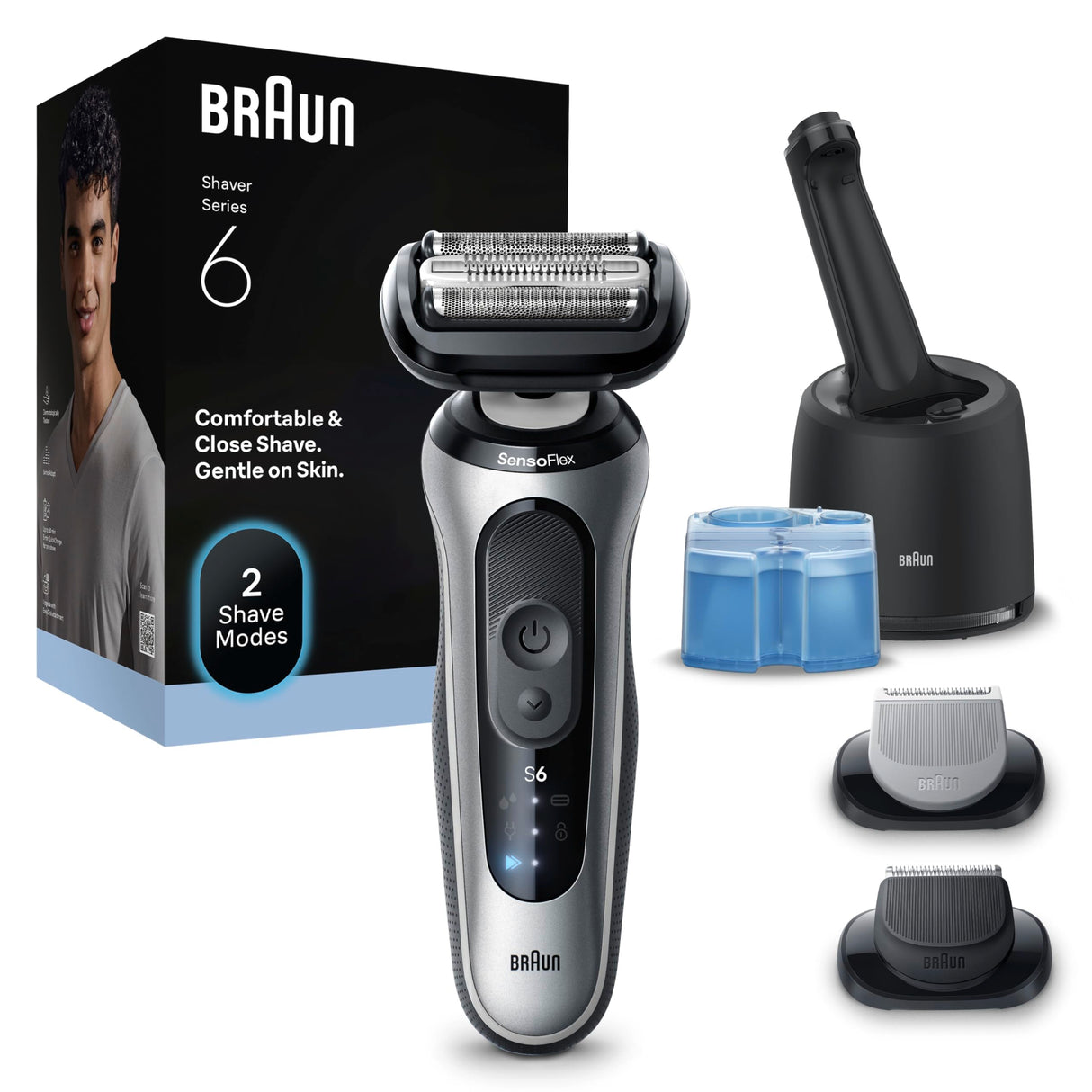 Braun Afeitadora Eléctrica Hombre Series 6, Máquina De Afeitar En Seco Y En Mojado, 2 Modos De Afeitado, 60 Min De Uso, +2 Accesorios De Rasurado, Centro De Limpieza,Estuche De Viaje, 62-S7650CC,Plata