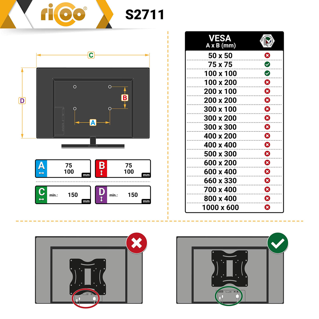 RICOO Soporte Monitor Pared Giratorio Inclinable Monitores PC 15-33" (38-84cm) S2711 Brazo Universal Pantallas Ordenador LED/LCD VESA 100x100