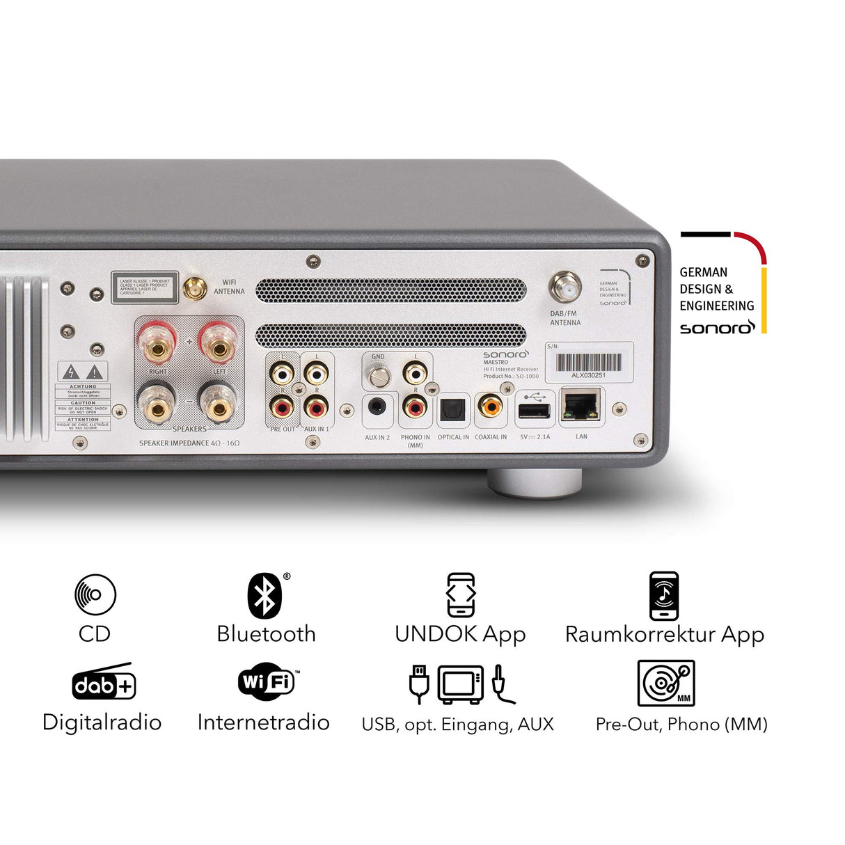 sonoro Maestro Receptor HiFi con Amplificador de Clase D, Reproductor de CD y Radio Internet (Bluetooth, FM, Dab Plus, Spotify, Tidal, Deezer) Grafito Mate