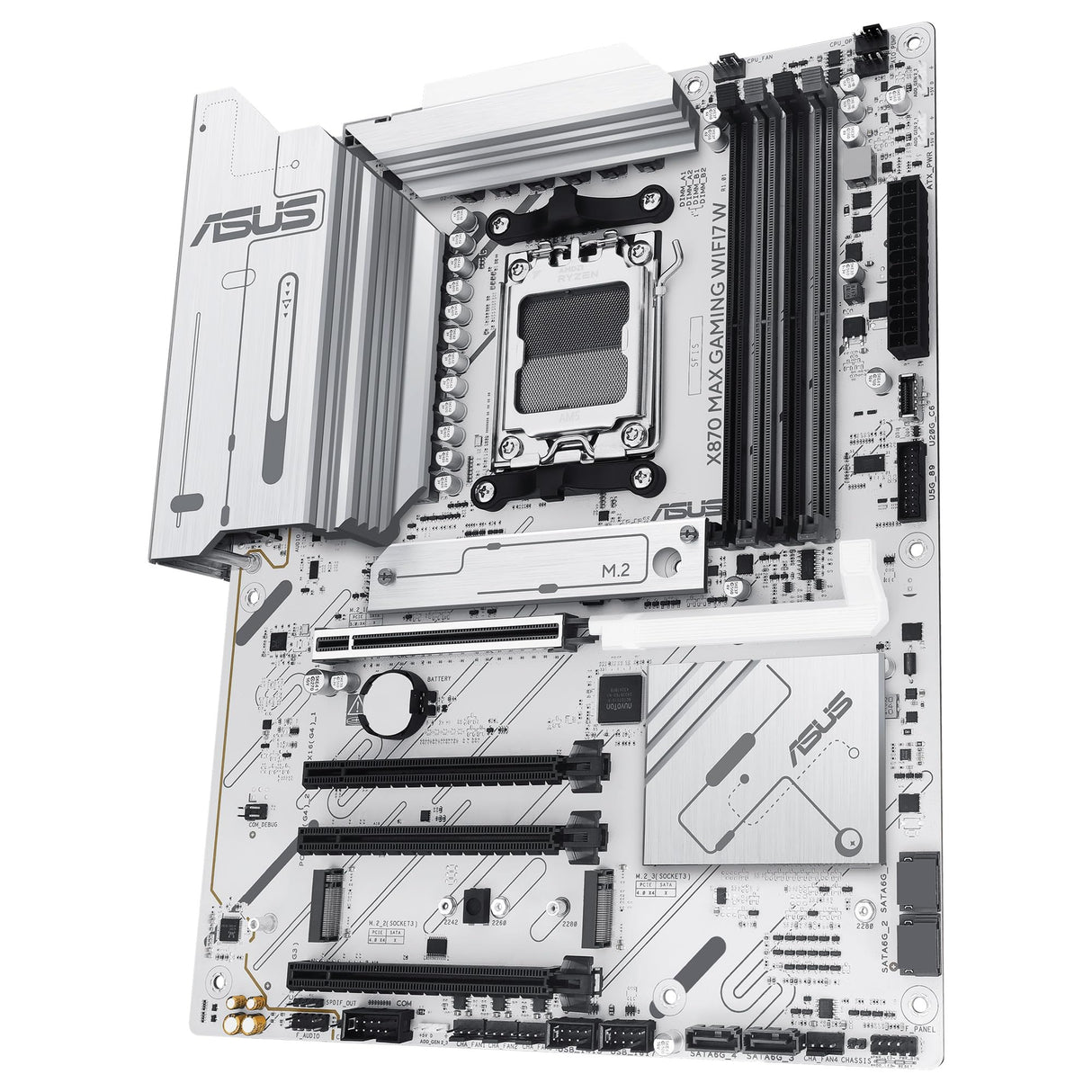 ASUS X870 MAX Gaming WIFI7 - Placa Base AMD X870 ATX, Blanco, 12+2+1 DrMOS, DDR5, PCIe 5.0, Q-Release, M.2, WiFi 7, WiFi Q Antenna, 2.5Gb Ethernet, HDMI, USB4, USB Tipo-C, BIOS Flashback, Aura Sync
