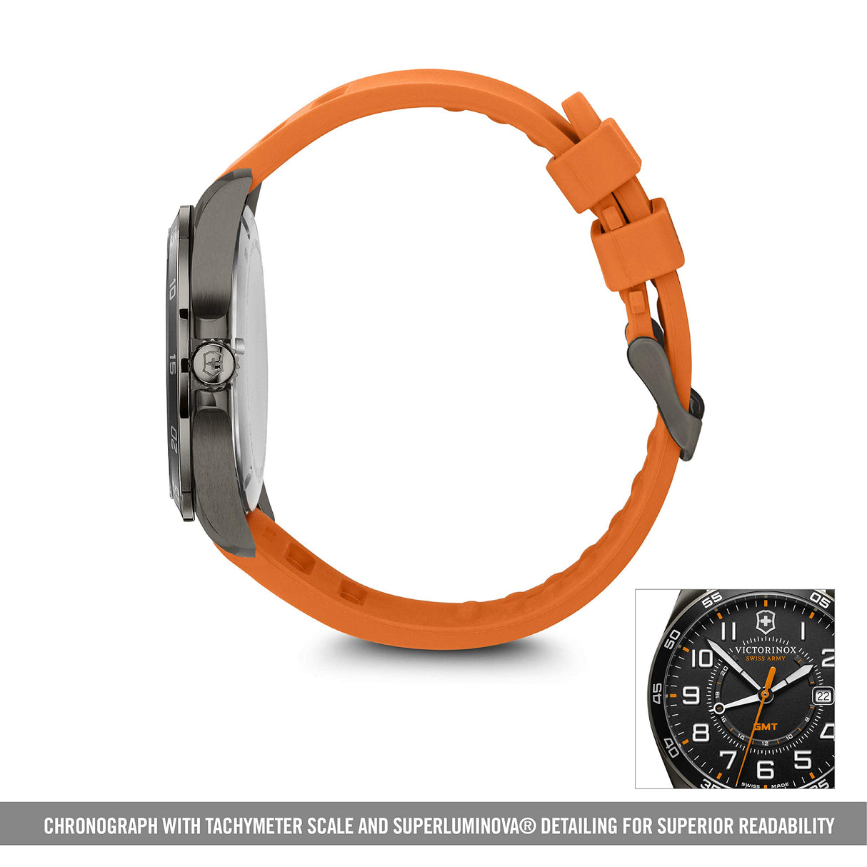 Victorinox FieldForce Sport GMT Ø 42 mm Reloj de Pulsera de Hombre, Swiss Made, Cuarzo analógico, Sumergible hasta 100 m, Pulsera de Caucho, Negro/Naranja