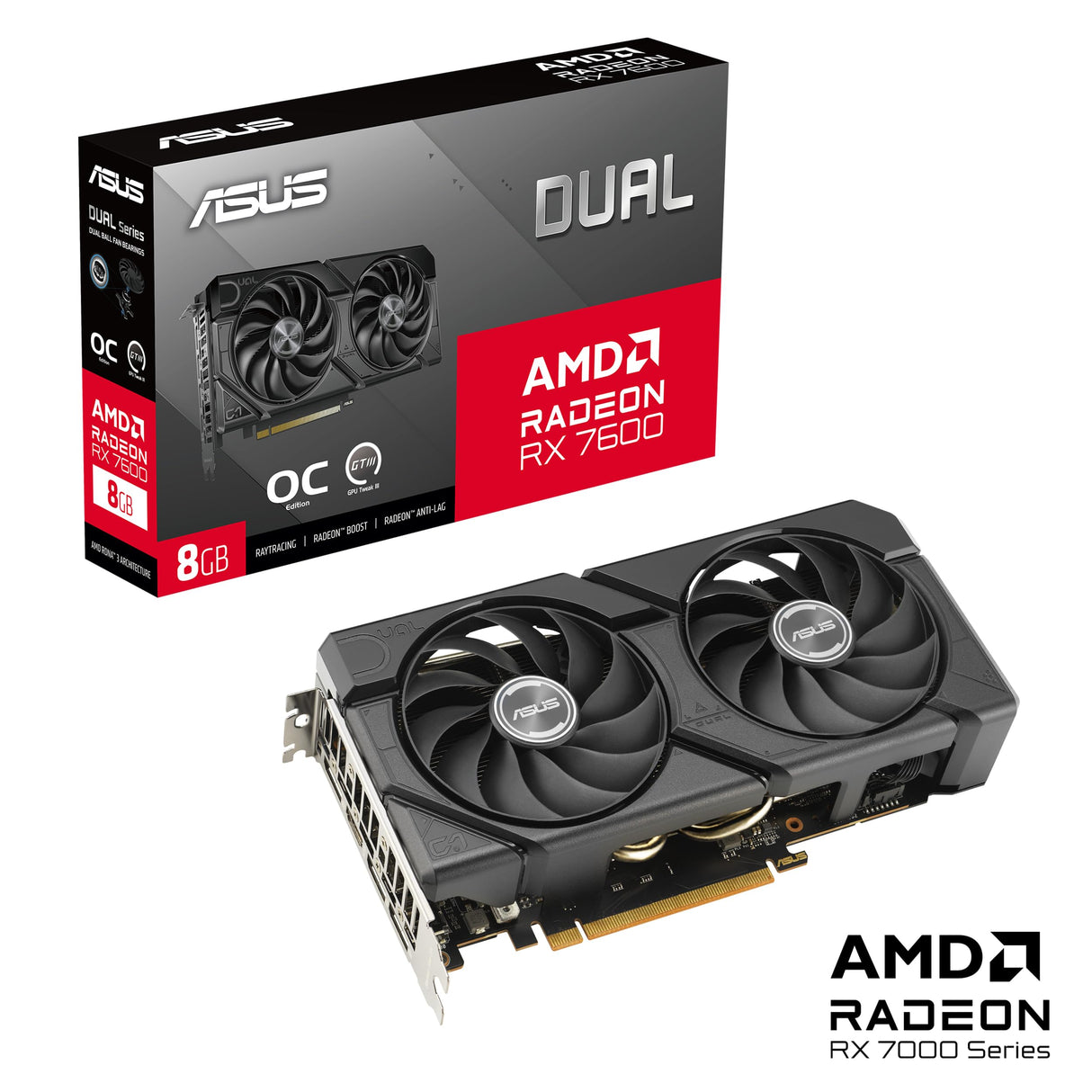 ASUS Dual Radeon RX 7600 EVO OC Edition - Tarjeta gráfica para Videojuegos (AMD Radeon RX7600, PCIe 4.0, 1 HDMI 2.1, 3 DisplayPort 1.4a, DUAL-RX7600-O8G-EVO)