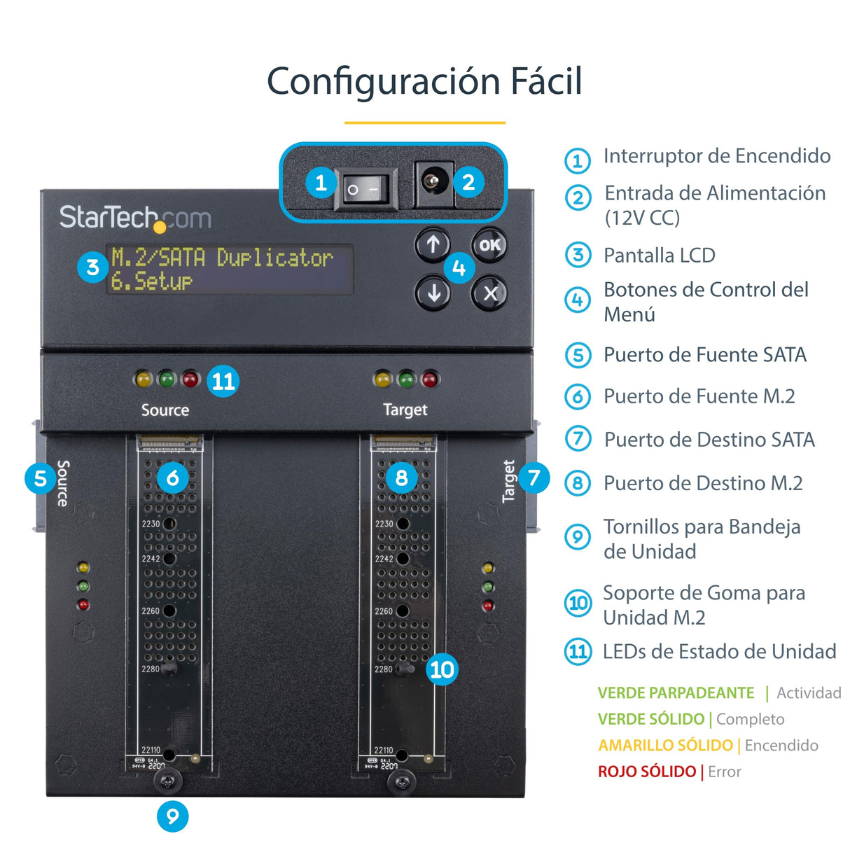 StarTech.com Clonador y Borrador Autónomo de Unidades de Almacenamiento SATA M.2 - NVMe M.2 - Duplicador Copiador Externo Offline de HDD SSD M.2 PCIe AHCI/NVMe, SATA M.2 - 2,5/3,5 TAA (SM2DUPE11)