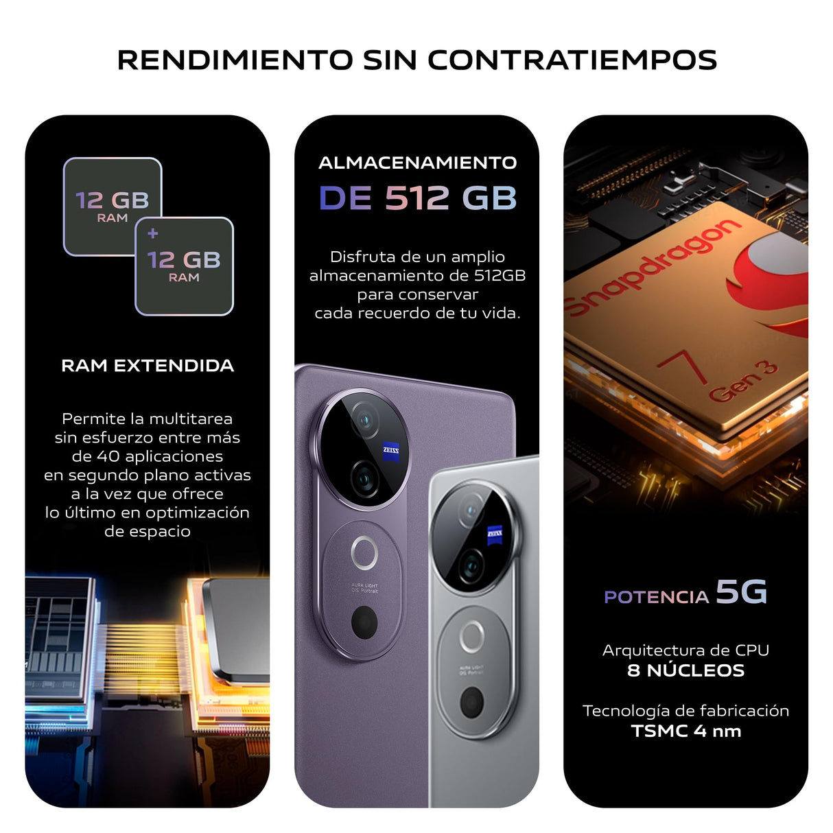 VIVO V40 5G Smartphone, 12GB RAM + 512GB ROM, Pantalla 6.78” AMOLED Curva 120 Hz, Cámara 50 MP con ópticas ZEISS, Batería BlueVolt XL de 5500mAh, Carga rápida Flashcharge 80 W, Plata