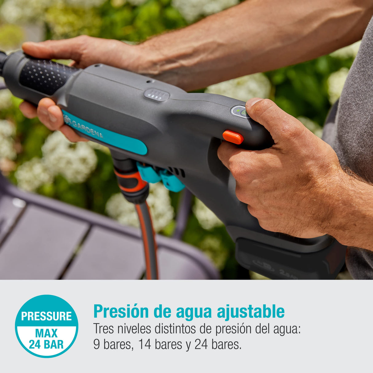 Gardena Set premium para limpiador inalámbrico de presión media AquaClean 24/18V P4A: limpiador inalámbrico equipamiento completo, 3 niveles, presión máx. 24 bar, con batería + cargador (14800-31)