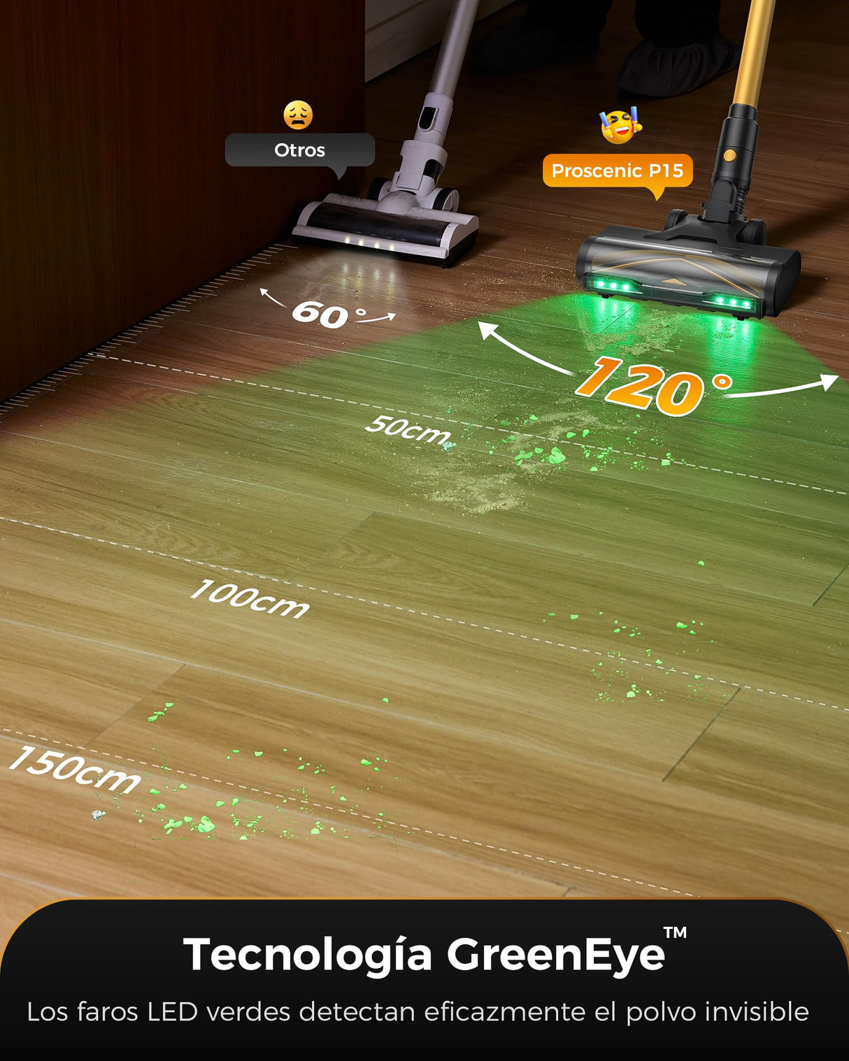 Proscenic P15 Aspiradora sin Cable 580W/50kPa/70Mins, Aspiradora Escoba Vertical Potente con Pantalla Táctile LED, Antienredo y Modo Automático para Suelos/Alfombras/Pelo de Animales