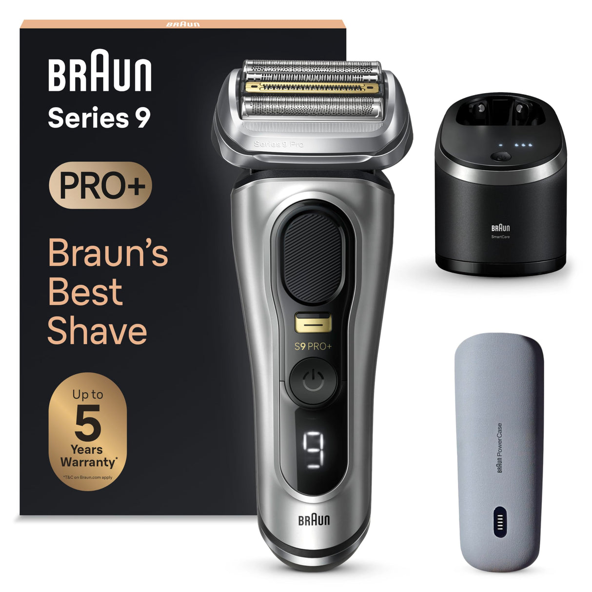 Braun Series 9 Pro+ Afeitadora Eléctrica Hombre, Máquina de Afeitar Barba y Centro De Limpieza SmartCare, PowerCase, En Seco Y En Mojado, 9577cc, Plata