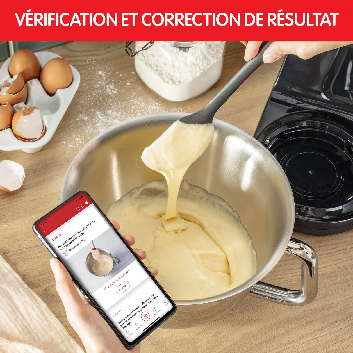Moulinex Robot pastelero, Cuenco de acero inoxidable 5.5 L, 8 programas recetas básicas, Tecnología patentada, Silencioso, Robusto, Aplicación gratuita con coaching, Coach QA900810