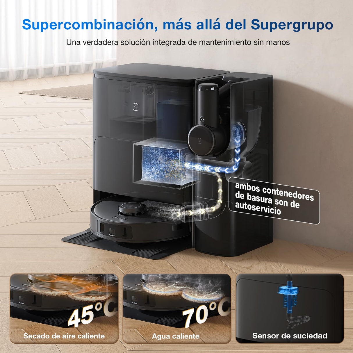 ECOVACS Deebot T30S Combo Complete: Aspiradora Robot Completa con Limpieza inalámbrica, estación Todo en uno, 11000 Pa, tecnología ZeroTangle, Sistema de Limpieza de Bordes, Agua Caliente.