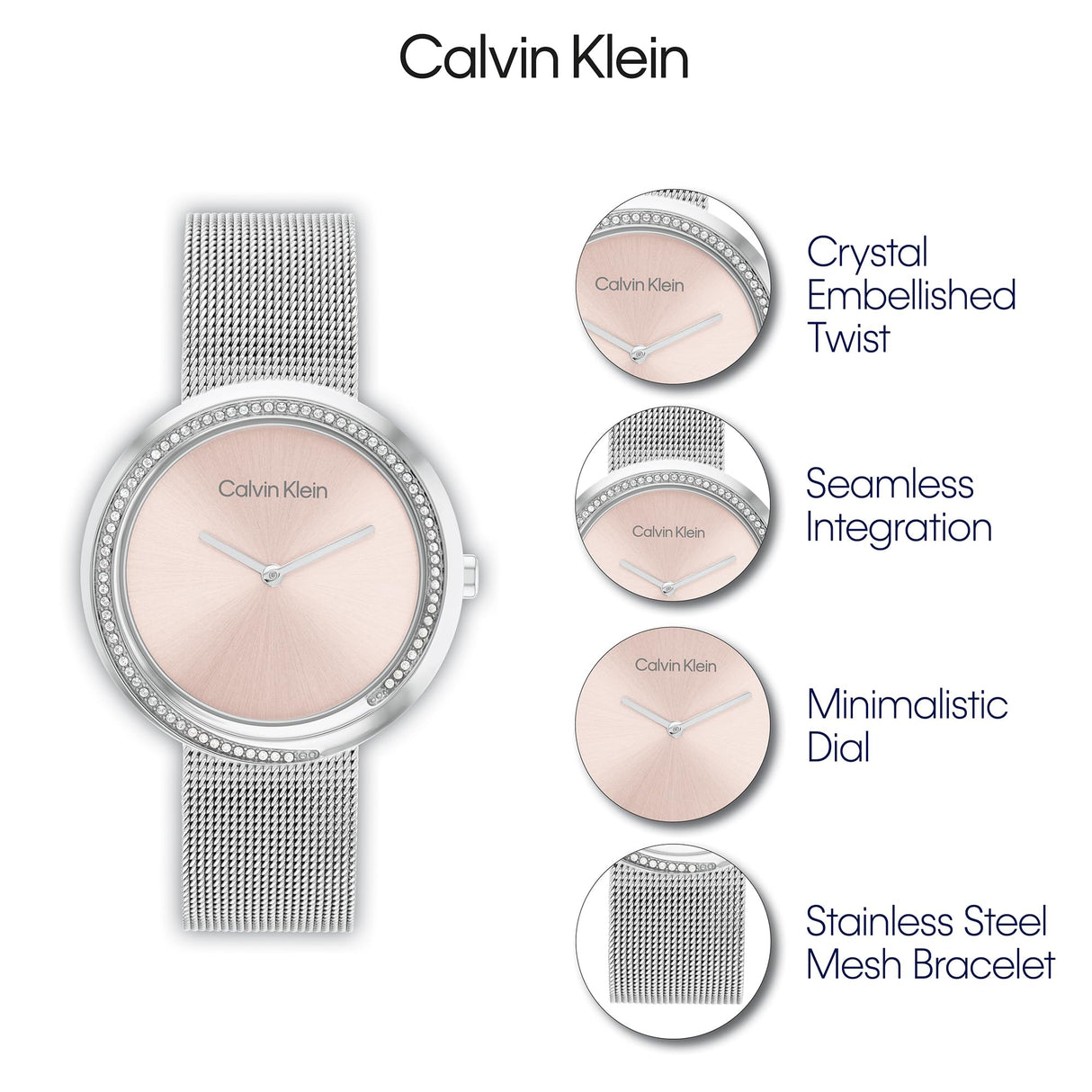 Calvin Klein Reloj Analógico de Cuarzo para Mujer Colección Twist con Correa de Malla de Acero Inoxidable Plateada - 25200149