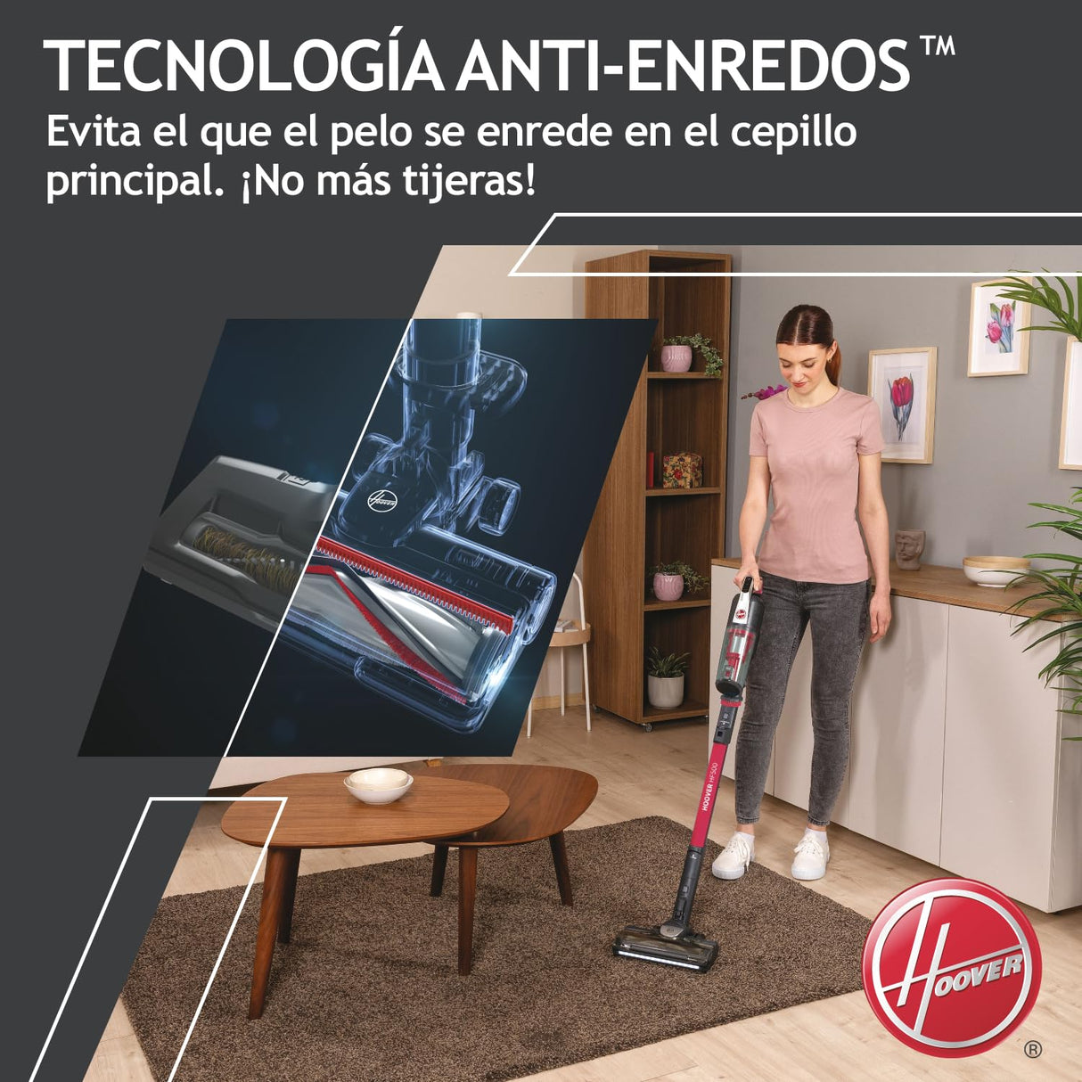 Hoover HF500 Plus Home HF522STH Aspiradora Escoba sin Cable, Accesorio 2 en 1, 45 min, Carga ultrarápida 2.5h, 15500 Pa, Dual led localizador de Polvo, Color Rojo