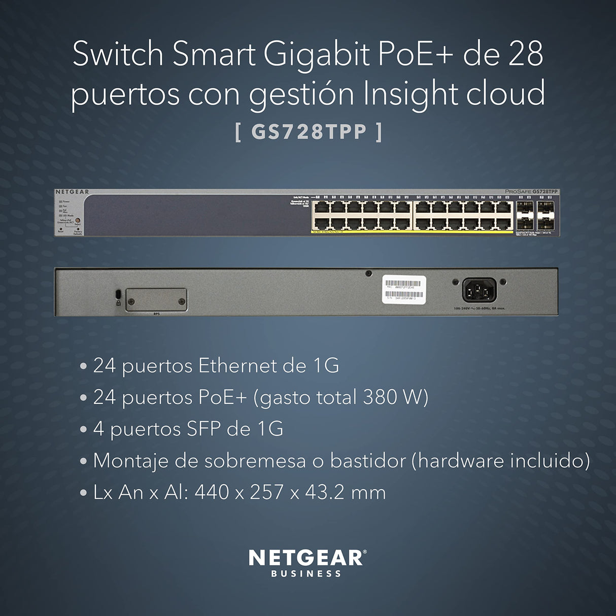NETGEAR Switch PoE Gigabit Ethernet Smart gestionado de 28 puertos GS728TPP - Gestión Insight opcional, 24x PoE+ a 380W, 4x 1G SFP, montaje en sobremesa o bastidor y protección limitada de por vida