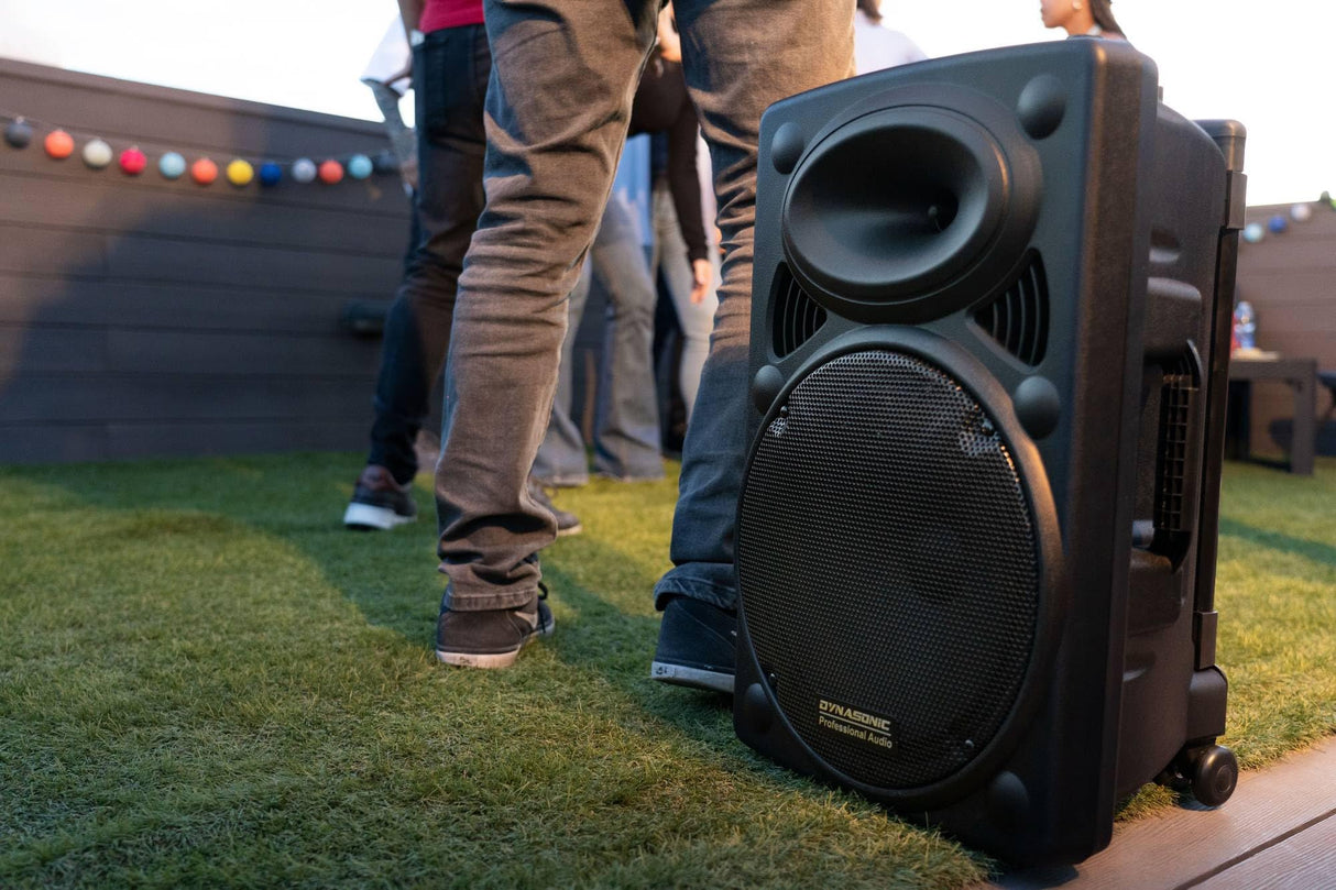 DYNASONIC - Dynapro 15’ (Segunda Generacion) Altavoz portátil Sistema Audio Profesional Potencia 800W - USB Bluetooth, Micrófonos, Negro - Soporte para Dispositivos movil y Tablet