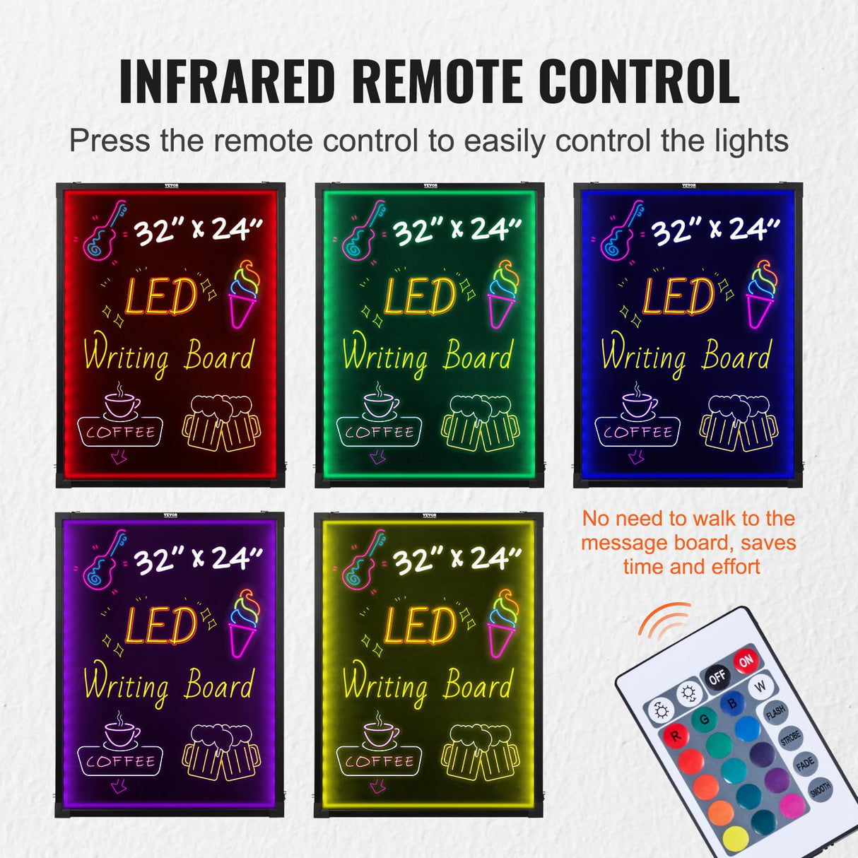 VEVOR Tablero de Escritura de Mensajes LED, Pizarra Iluminada Borrable de 598 x 798 x 9 mm, Tablero de Letrero de Menú con Efecto Neón, con 8 Marcadores de Tiza Fluorescentes y Control Remoto, RGB