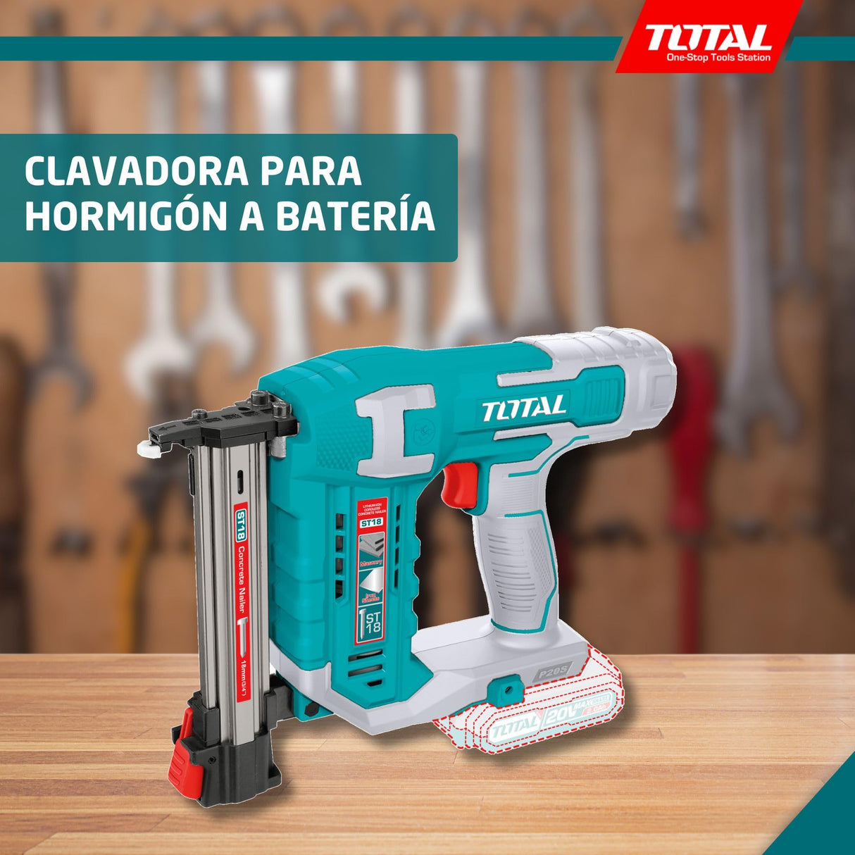TOTAL - Clavadora a Batería 20V para Hormigón | 2 Clavos| Compatible ST18 | Cargador 65 Clavos | Modelo TCSTLI3805 | Herramienta Eléctrica con Maletín y Clavos Incluidos