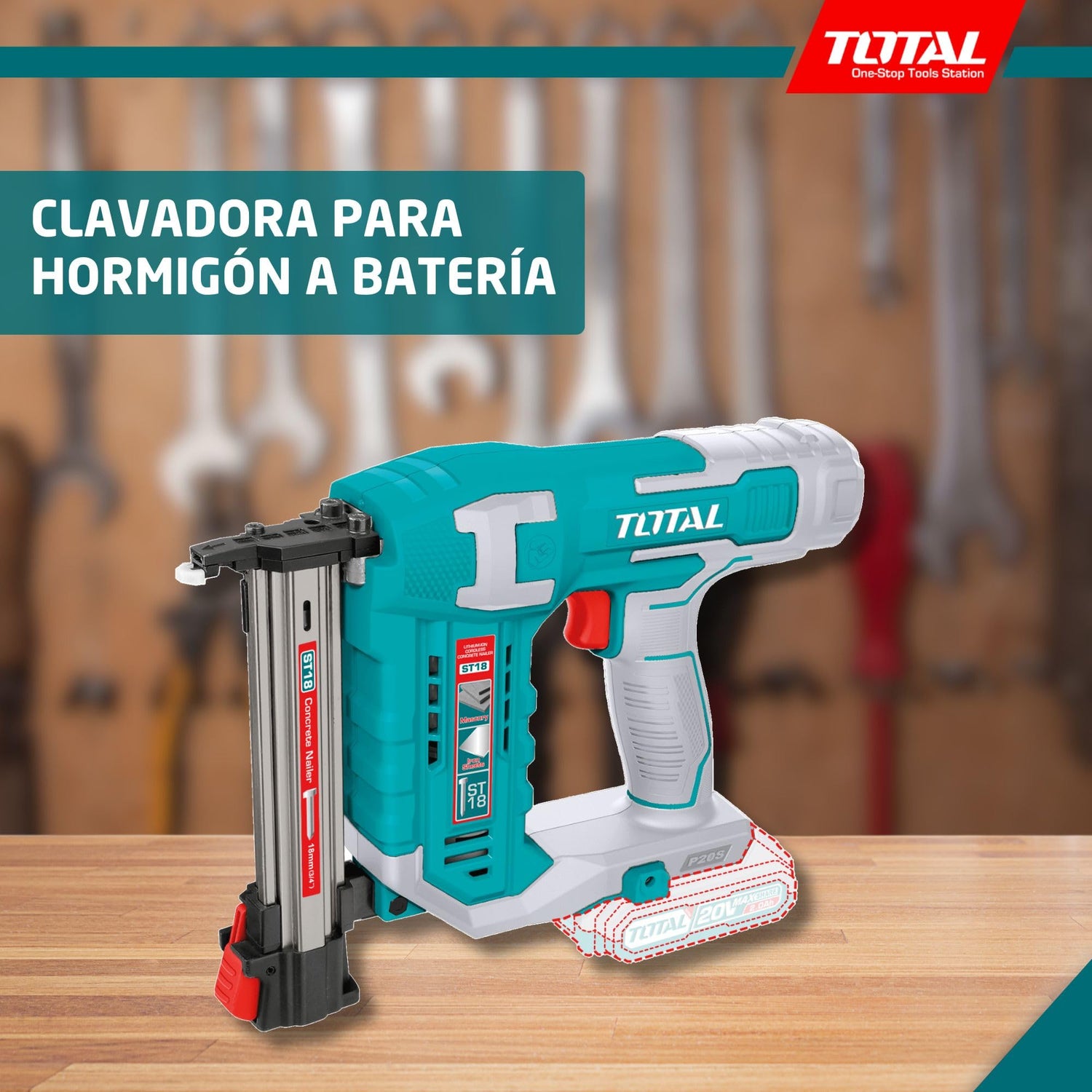 TOTAL - Clavadora a Batería 20V para Hormigón | 2 Clavos| Compatible ST18 | Cargador 65 Clavos | Modelo TCSTLI3805 | Herramienta Eléctrica con Maletín y Clavos Incluidos