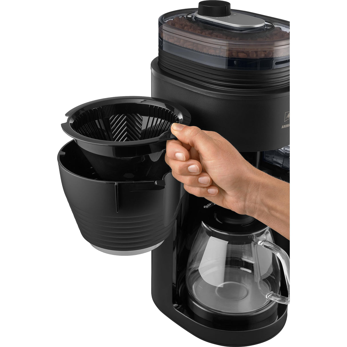 Melitta AromaFresh Pro X - Cafetera de goteo con molinillo integrado, cafetera de filtro con jarra térmica y depósito de agua extraíble, máquina de café para hasta 10 tazas, negro