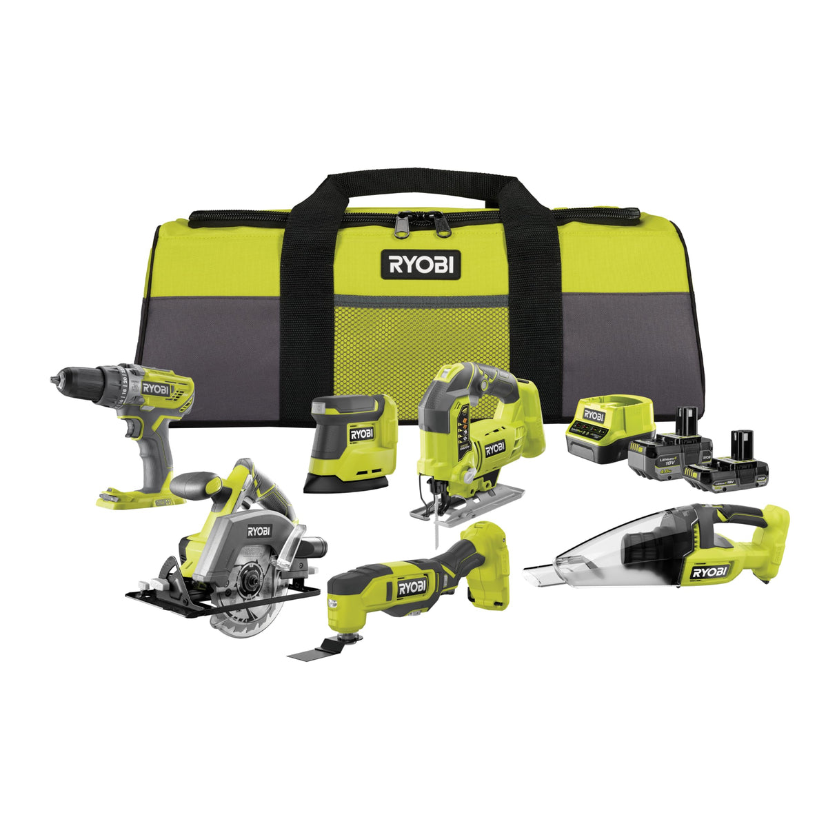 RYOBI 18V ONE+ Kit Combinado Inalámbrico 10 Herramientas – Taladro, Sierra, Multiherramienta y Más – Incluye 2 Baterías y Cargador