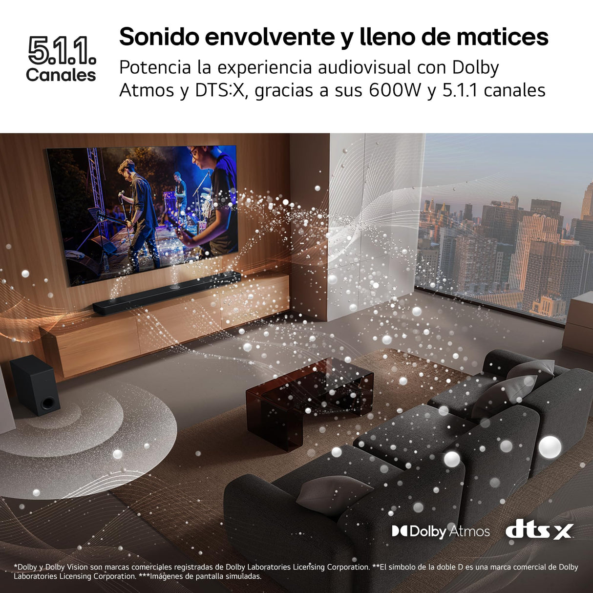 LG S70TR - Barra de Sonido Inteligente, 500W Potencia y 5.1.1 Canales, Altavoces Dobles Traseros Inalámbricos, Sonido Envolvente Dolby Atmos y DTS:X, Hi-Res 24bits/96kHz
