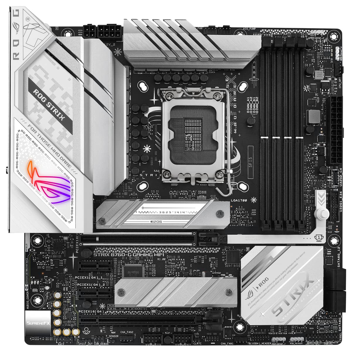 ROG Strix B760-G Gaming WiFi - Placa Base Intel B760 (LGA 1700) mATX Blanco con 12+1 DrMos, DDR5, PCIe 5.0, Q-Release, 2X PCIe 4.0 M.2, WiFi 6E, Ethernet 2,5G, USB 3.2 Gen 2x2 Tipo C, Aura Sync