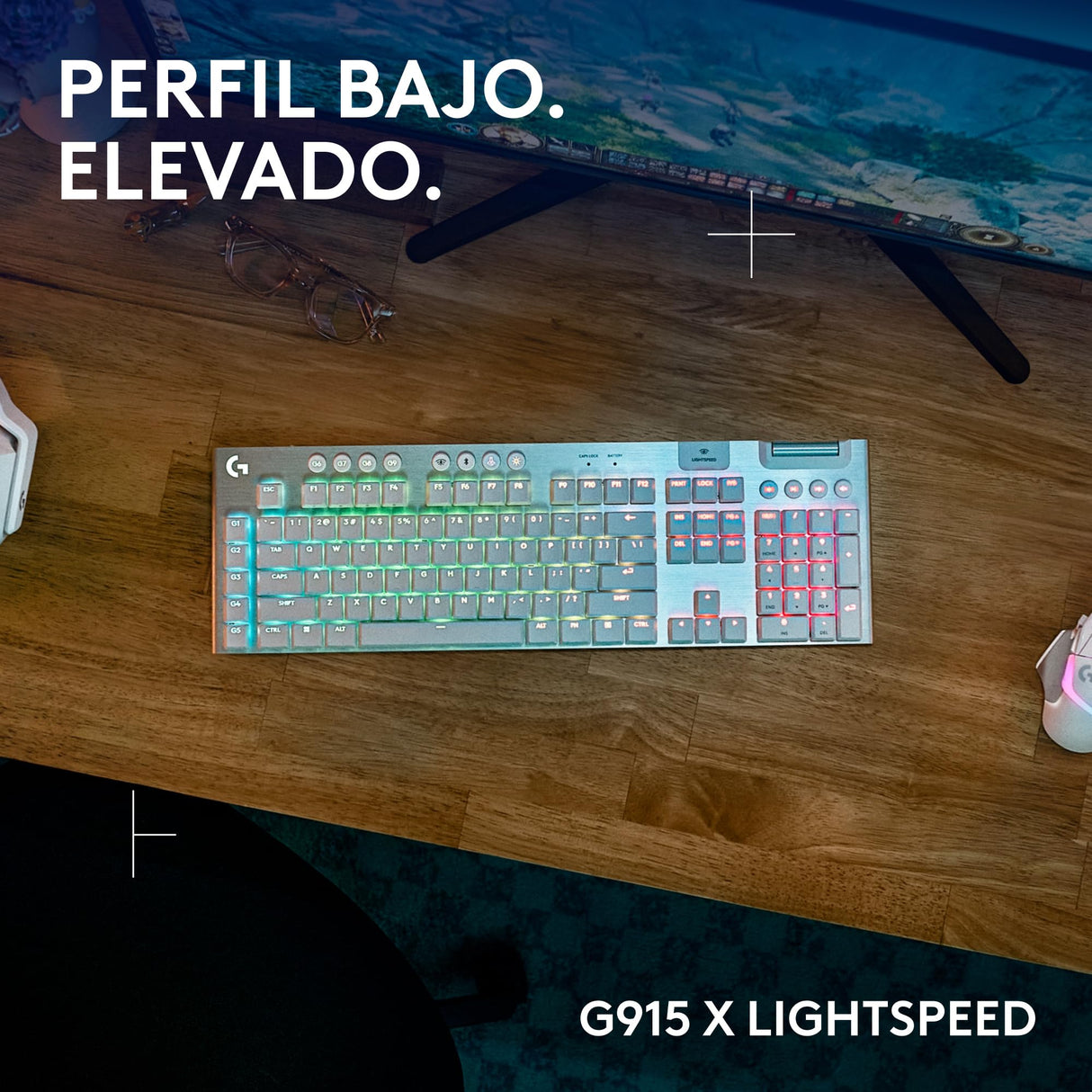 Logitech G G915 X LIGHTSPEED Teclado para gaming inalámbrico de perfil bajo, teclas de PBT de doble moldeado, elegante acabado en aluminio, interruptores táctiles marrones GL,PC/Mac,QWERTY US - Blanco