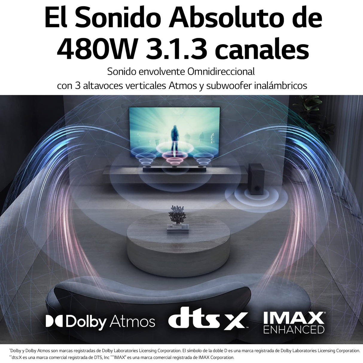 LG S80QY - Barra de Sonido Inteligente, 480W, 3.1.3 Canales con Triple Altavoz Atmos Vertical, Compatible con Altavoces Traseros SPQ8-S, Sonido Envolvente Dolby Atmos, dst:X e IMAX, Color Negro