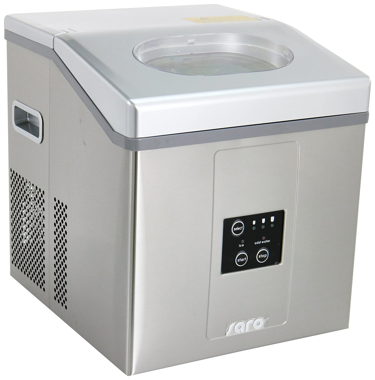 SARO EB 15 PRO Cubitera de acero inoxidable, 15 kg/24 h, 3 tamaños de hielo a elegir, tanque de agua de 2 l, depósito de 1,4 kg