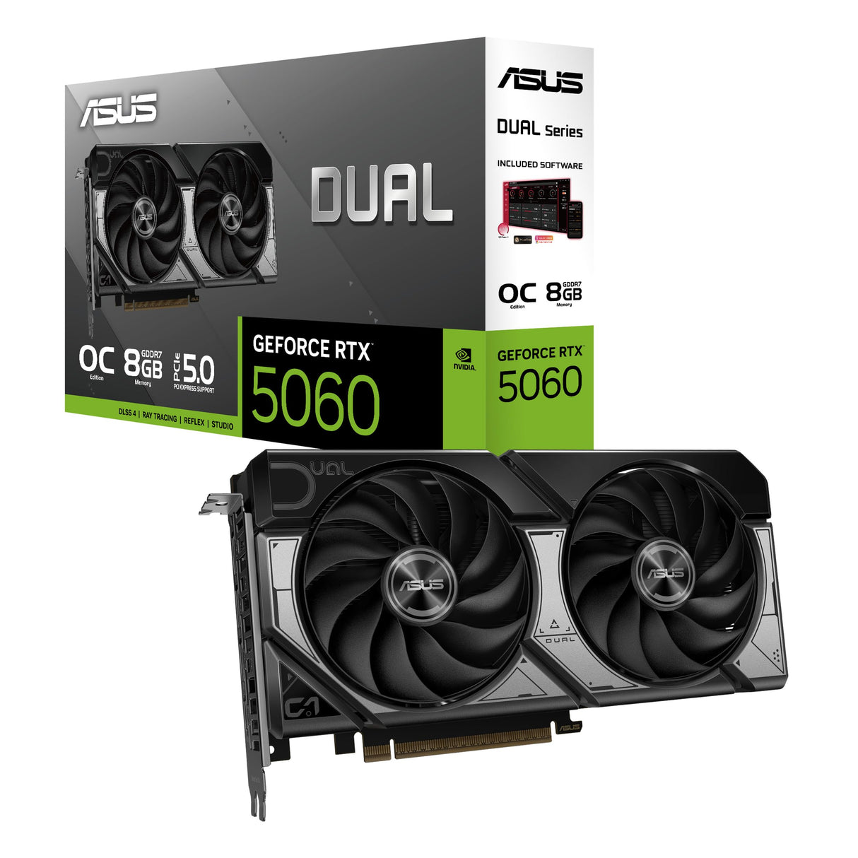ASUS Dual GeForce RTX 5060 8 GB GDDR7 OC Edition Tarjeta gráfica (PCIe 5.0, 8 GB GDDR7, DLSS 4, HDMI 2.1b, DisplayPort 2.1b, diseño de 2,5 Ranuras, diseño de Ventilador Axial-Tech, tecnología 0dB)