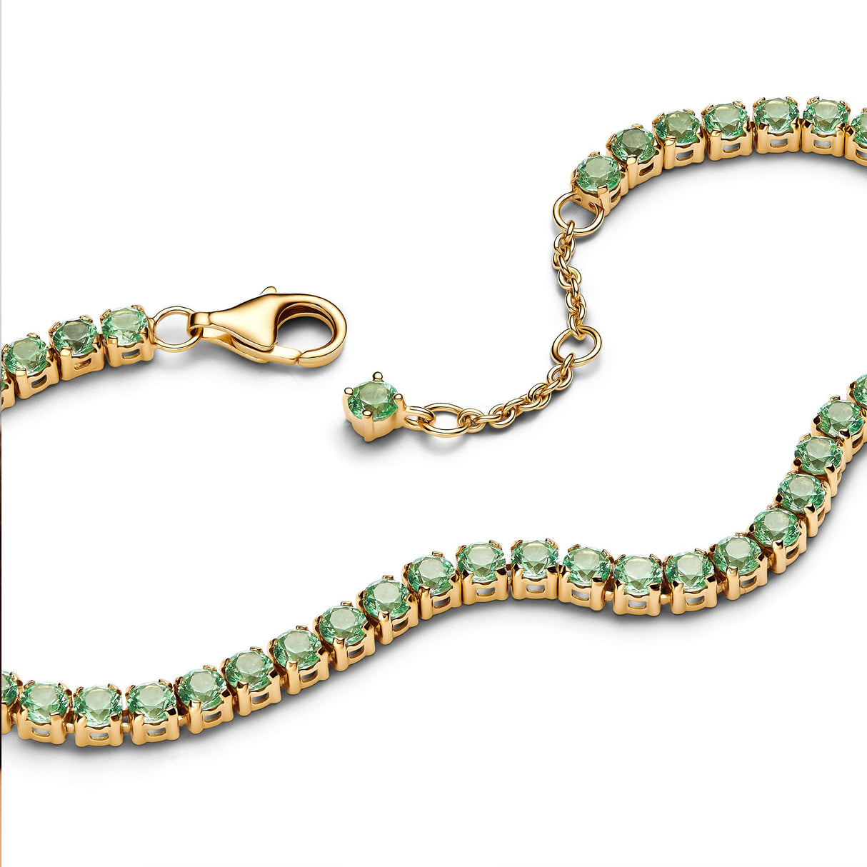 Pandora Pulsera de tenis verde brillante chapada en oro de 14 quilates con cristales de la colección Timeless, longitud: 16 cm, 561469C02-16, 561469C02-16, Plata de ley, Circonita cúbica