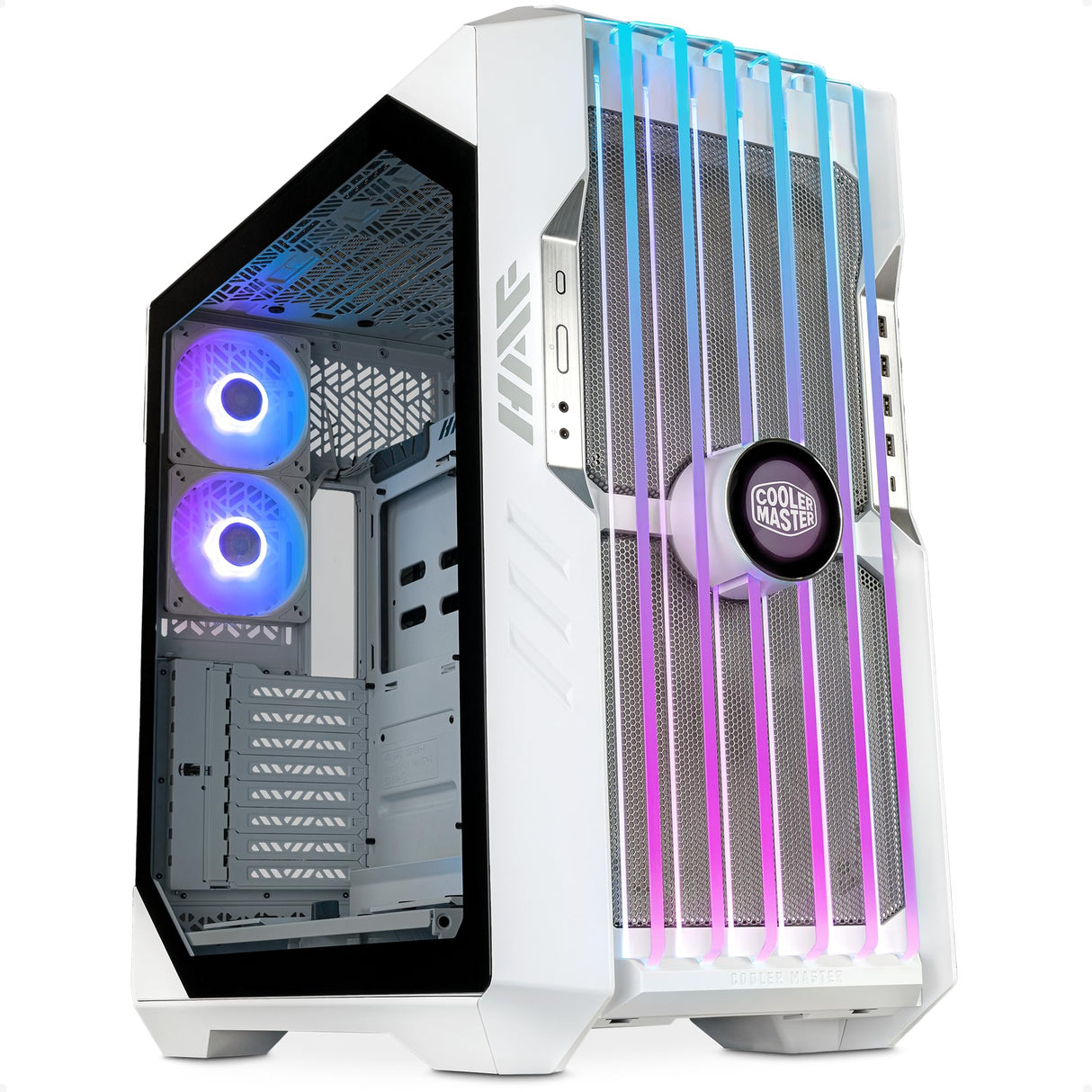 Cooler Master HAF 700 EVO White Caja PC – Full-Tower, Admite E-ATX, 5 Fans, Soportes de Radiador Giratorios, Refrigeración High-Airflow, Pantalla LCD Real-Time, Aspas ARGB Edge-Lit, Panel Lateral TG