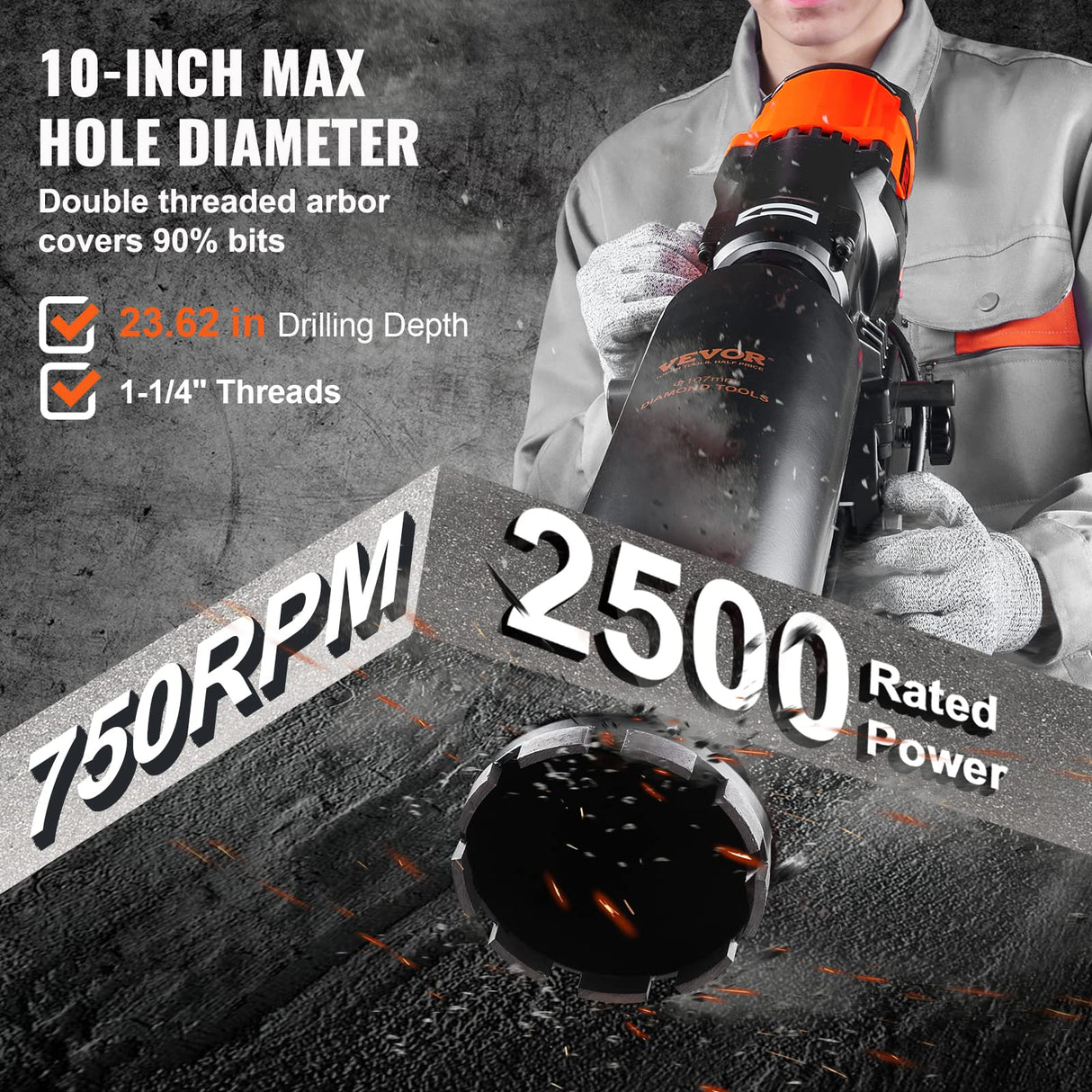 VEVOR Taladro de Diamante Diámetro Máximo de 26 cm Máquina Perforadora de Diamante Profundidad de 60 cm Taladradora Diamantina Húmeda 2500 W 750 rpm para Agujeros Construcción de Hormigón Armado