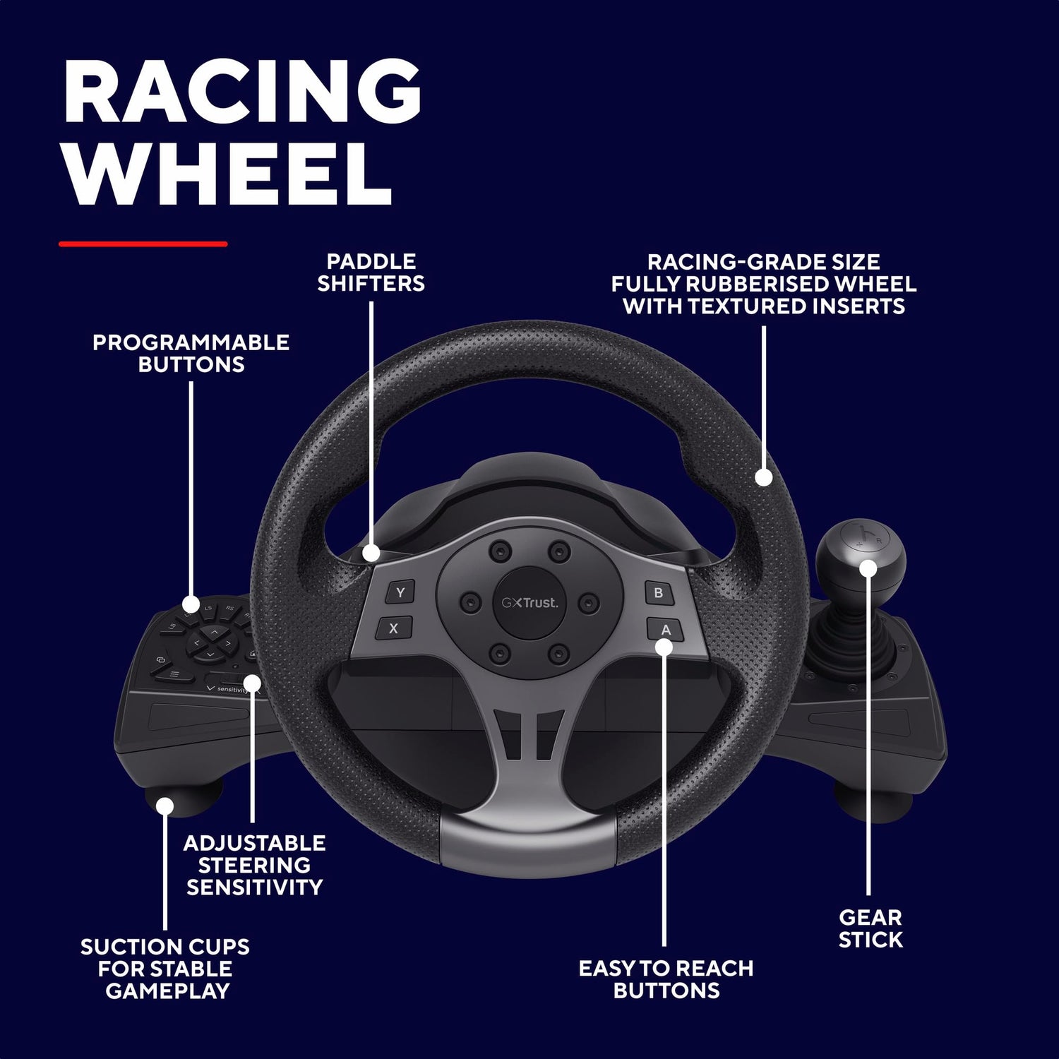 Trust GXT 289 Movi Volante de Carreras PC, Xbox Series X/S, PS4, Nintendo Switch, con Pedales, Levas de Cambio, Palanca de Cambios, Vibración, Racing/Farming Simulator / F1 / Gran Turismo