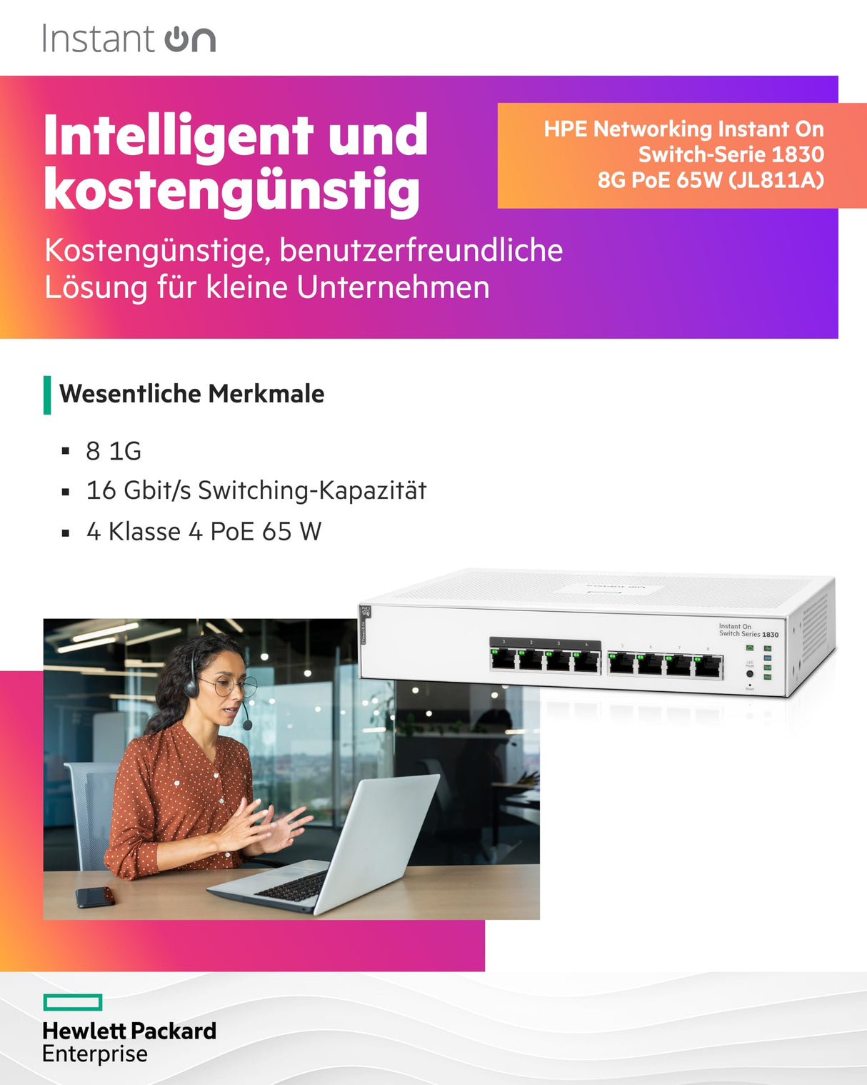 Switch HPE Networking Instant On 1830 8G 4p Classe 4 PoE da 65 W - Switch - Smart - 4 x 10/100/1000 + 4 x 10/100/1000 (PoE+) - gestito