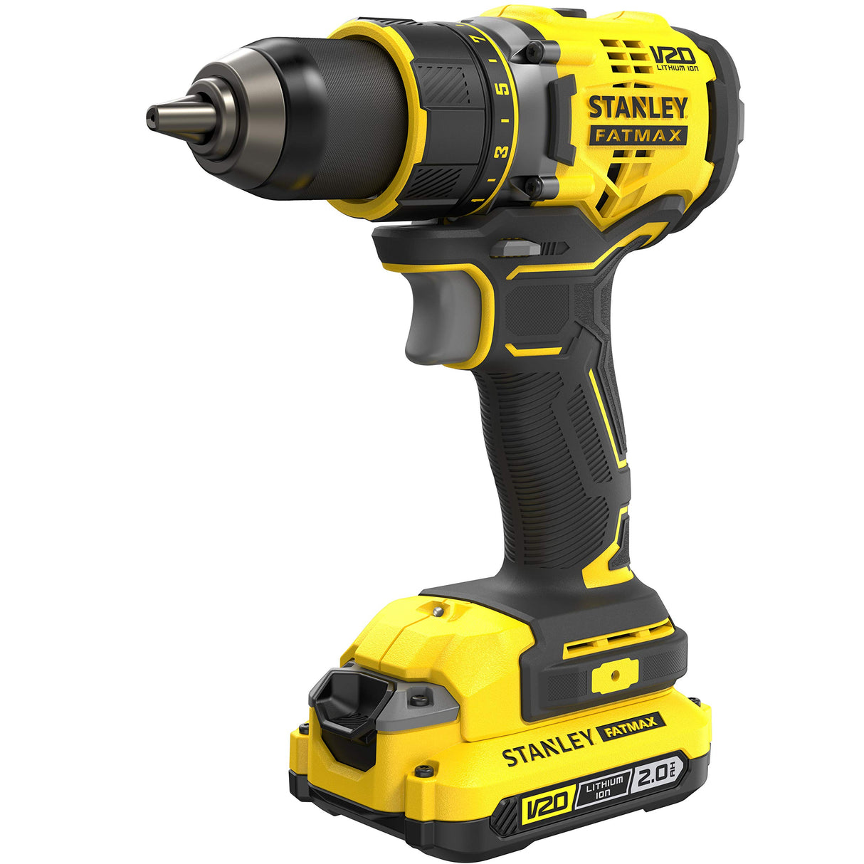 STANLEY FATMAX Taladro Atornillador V20 Litio 18V, Motor sin escobilla, Velocidad hasta 2100 rpm, Par máximo 80Nm, 1 Maletín, 2 Baterías 2Ah, 1 Cargador, Portabrocas 13mm, SFMCD720D2K-QW