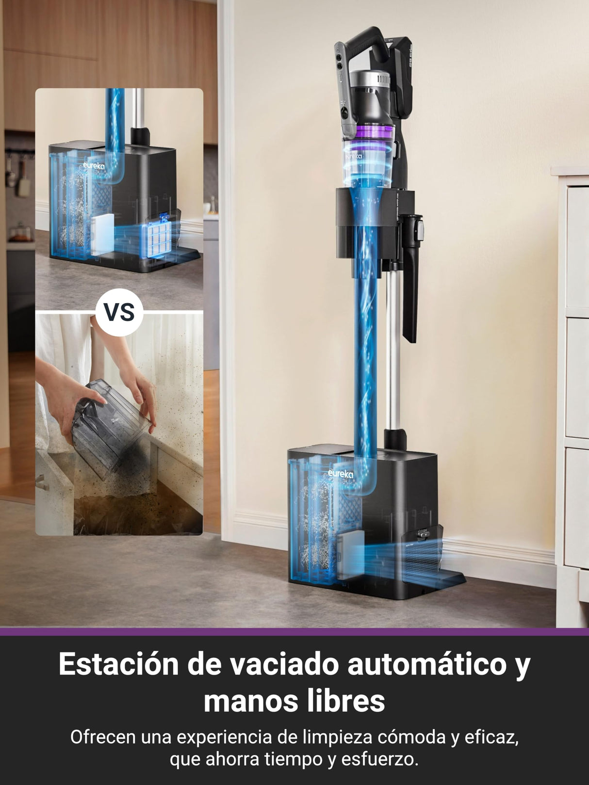 EUREKA Stylus Elite Aspiradora sin Cable con Estación de Autovaciado, 24000Pa, Bolsa 3 L, 60 Min de Autonomía, Cepillo Antienredos, Faro LED, Batería Desmontable