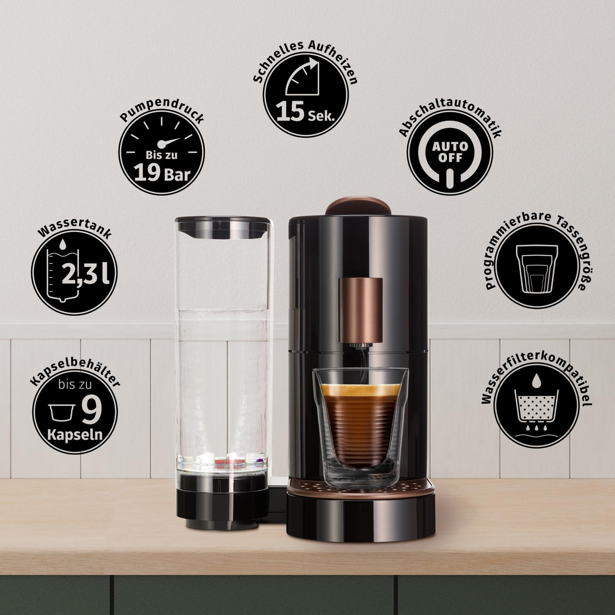 K-FEE TWINS II Máquina de Cápsulas para Café, Té y Cacao | Cafetera para tazas grandes | Calentamiento rápido | Depósito de agua de 2,3 L | 19 Bar | Negro Cobre