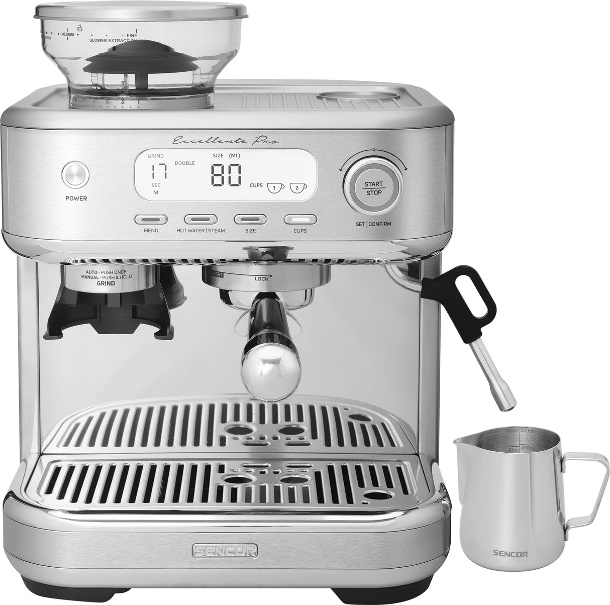 SENCOR Machine Expresso, Espumador de leche, Trituradora de café de grano, Pantalla LCD, Café expreso, Cappuccino, Expresso con Trituradora Barista Express, Excellence Plus, Depósito de agua y café de