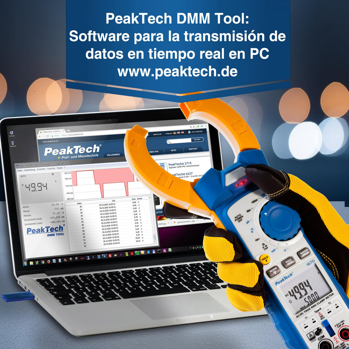 PeakTech 1670 - Pinza Amperimétrica RMS 4.0 Bluetooth y Aplicación 1000A Ac/Dc, Lámpara Led, 50000 Cuentas, Multímetro, Tuv/Gs, Pinza de Corriente, Medidor de Voltaje, Medidor de Corriente