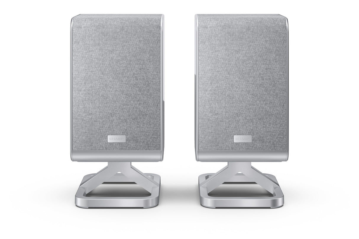 Sharp HT-SPR52021SL Pareja de Altavoces Traseros inalámbricos 1.0.1 para conectar a tu Barra de Sonido Q para Experiencia Mejorada, Sonido Envolvente, Dolby Atmos y DTS:X, P. Maxima 200W, Gris