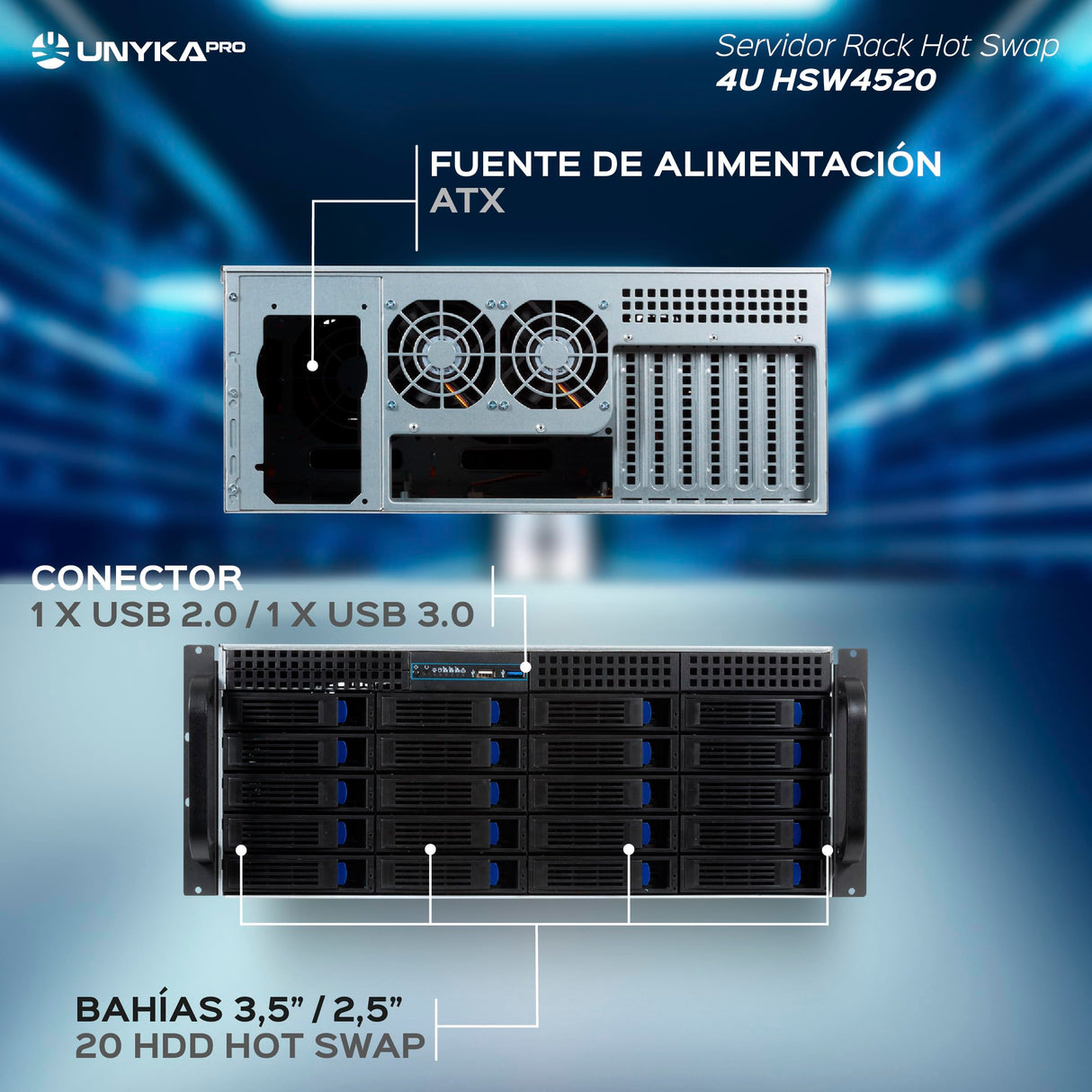 UNYKAch Caja Rack 19" 4U Hot Swap (Sustitución de Bahías en Caliente) HSW4520 ATX, 20 Bahías, para Discos de 3,5″ o 2.5”, 3 Ventiladores de 120 mm y 2 de 80 mm, 1 USB 2.0 y 1 USB 3.0