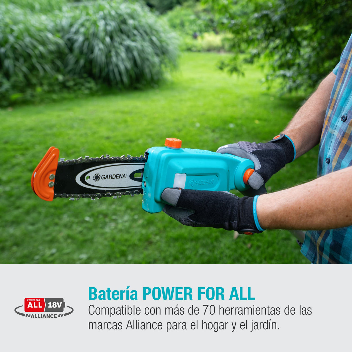 Gardena Set Ready-To-Use de podadora telescópica a batería TCS 20/18V P4A: sierra de mano hasta 4 m, 20 cm longitud de espada, cabezal flexible, inc. batería P4A 18 V y correa de transporte (14770-20)